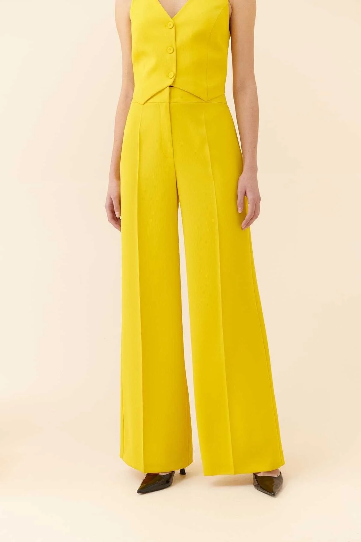  Krep Palazzo Kadın Pantolon Sarı - 4