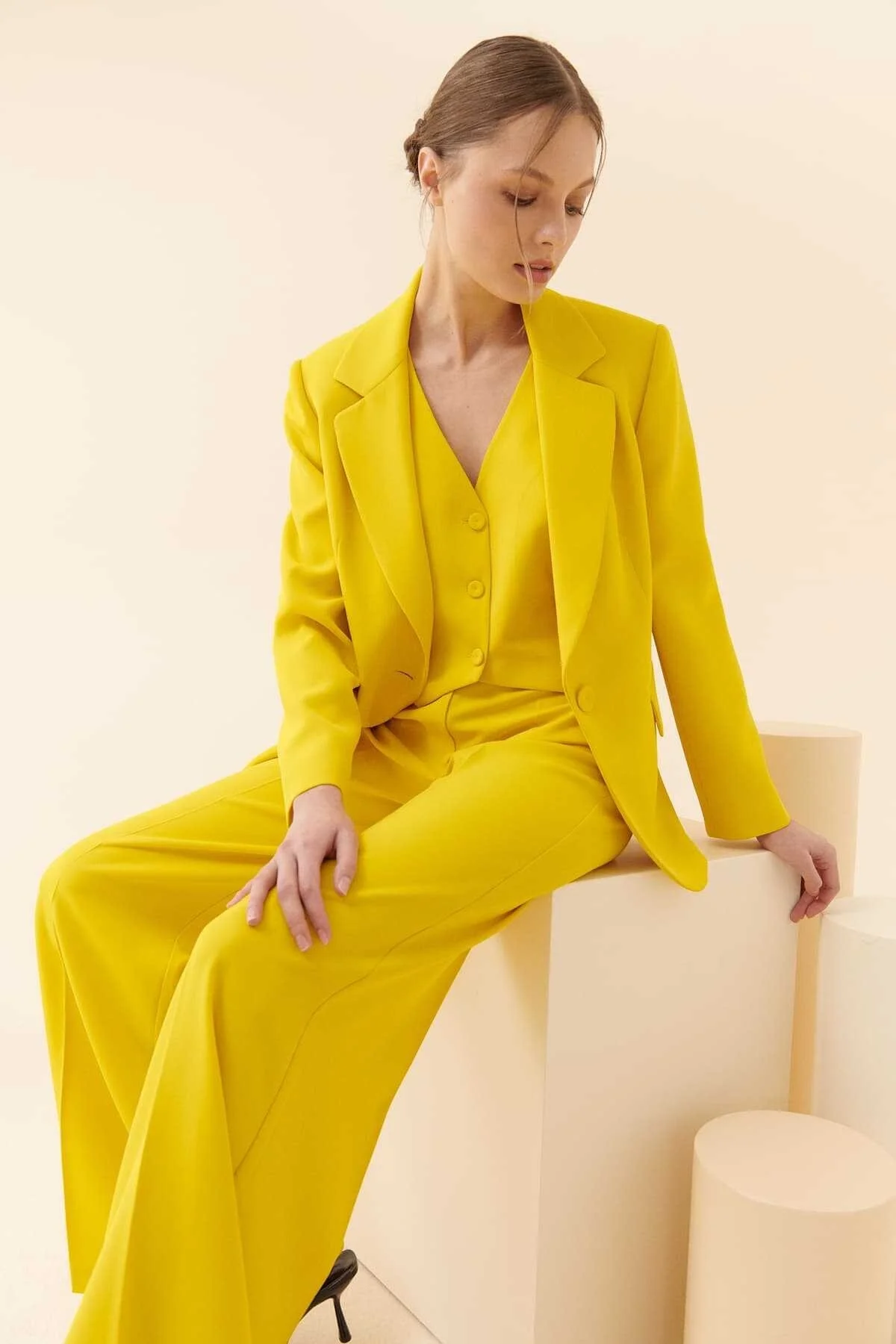  Krep Palazzo Kadın Pantolon Sarı - 5