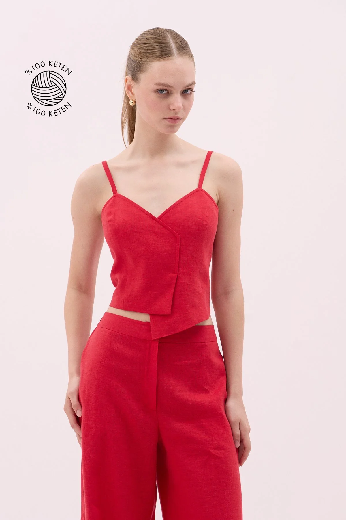 Kruvaze Askılı Keten Yelek Kırmızı - 1
