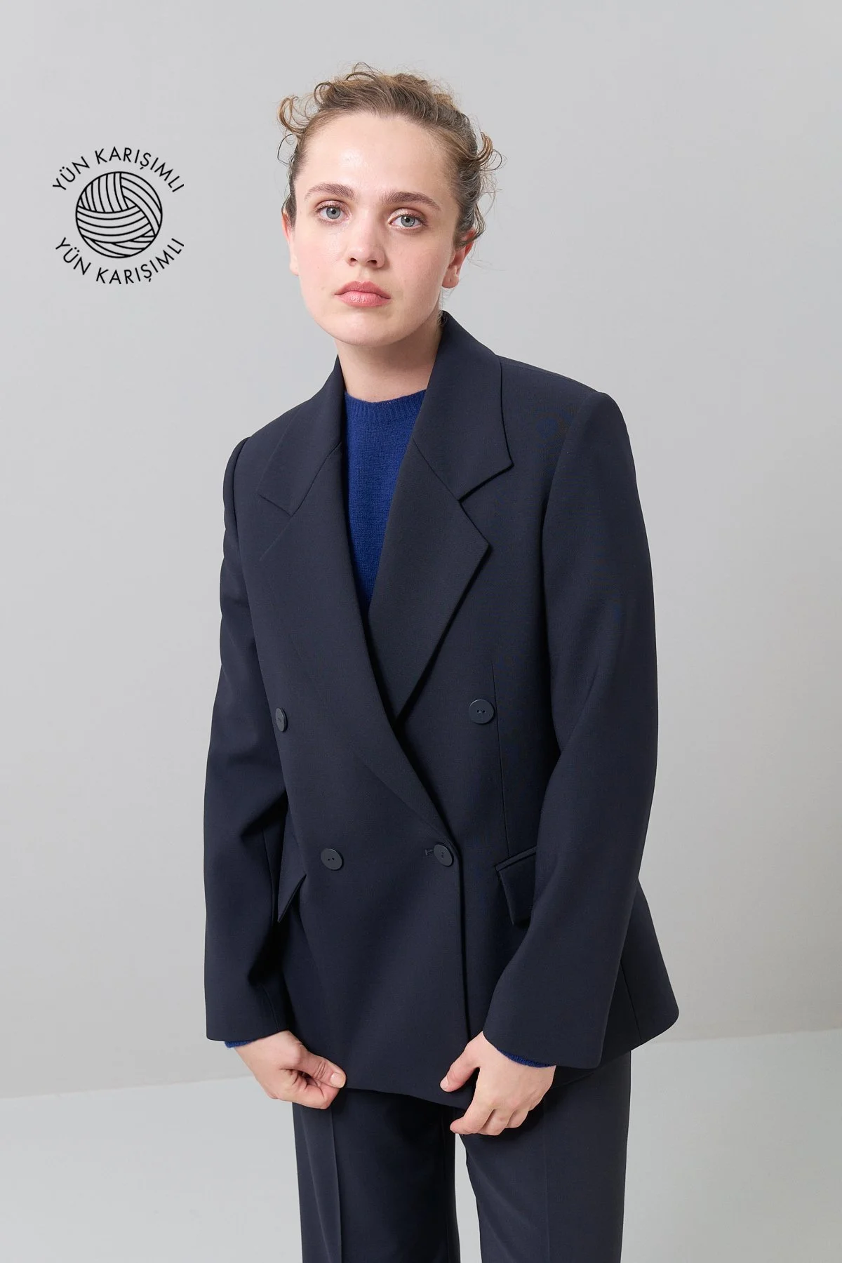 Yün Kruvaze Ceket Lacivert - 1