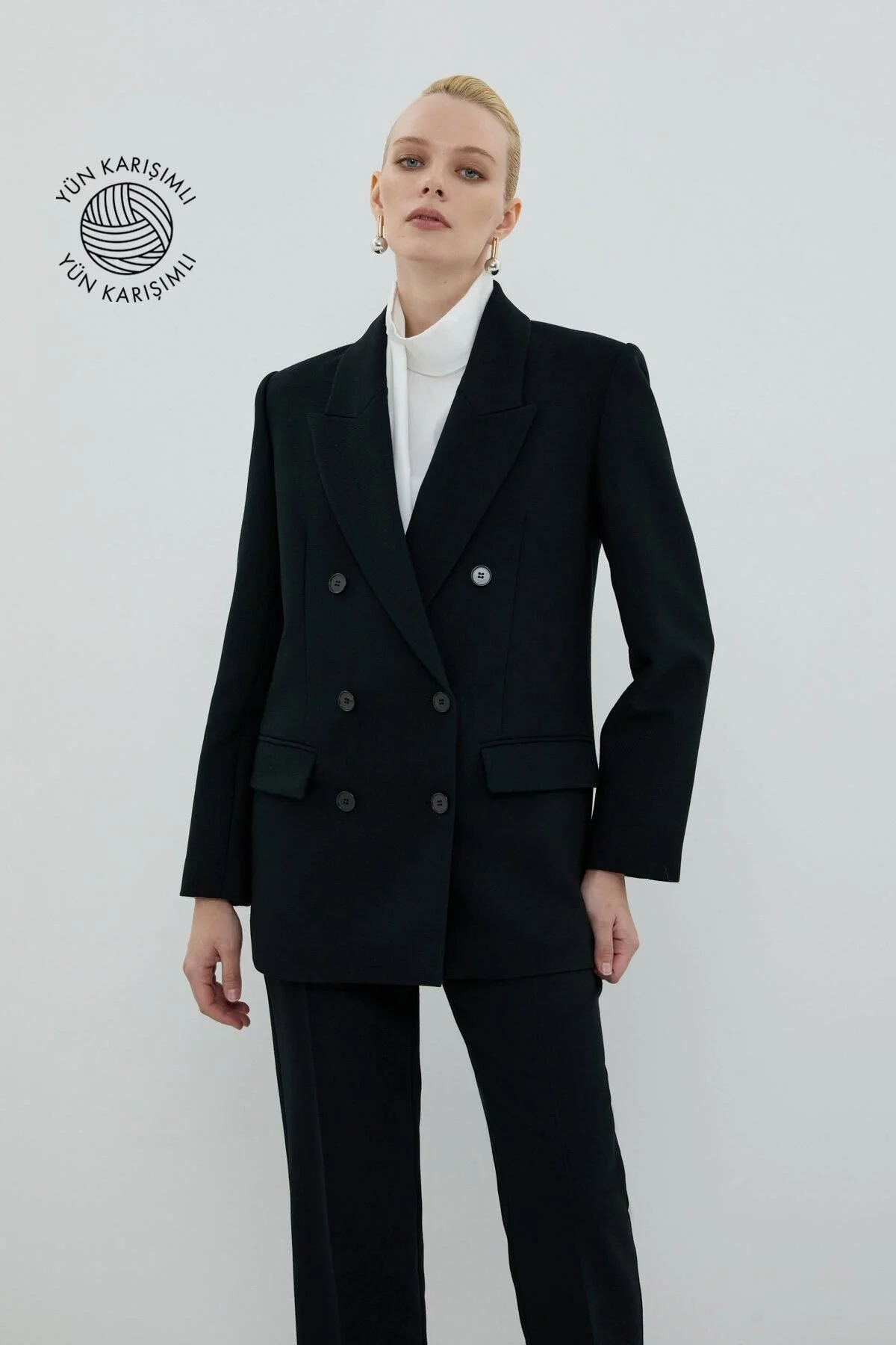 Kruvaze Yün Ceket Siyah - 1