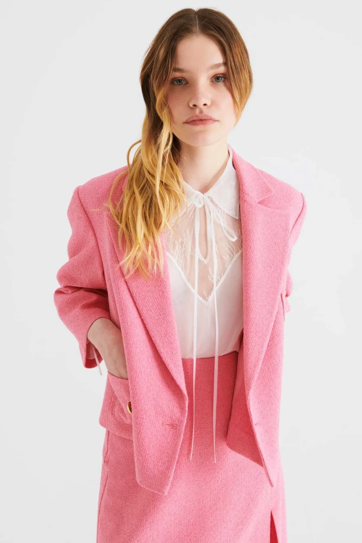 Kruvaze Düğmeli Kadın Ceket Pembe - 3