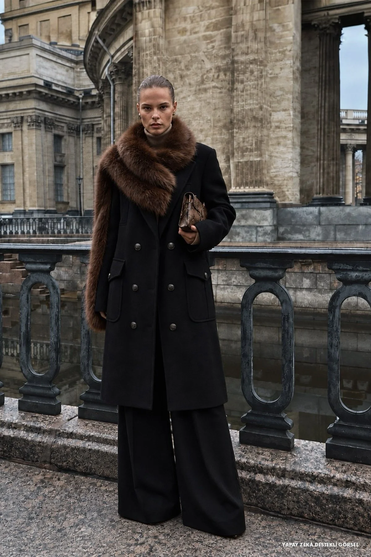Kruvaze Düğmeli Kaşe Kaban Siyah - 3