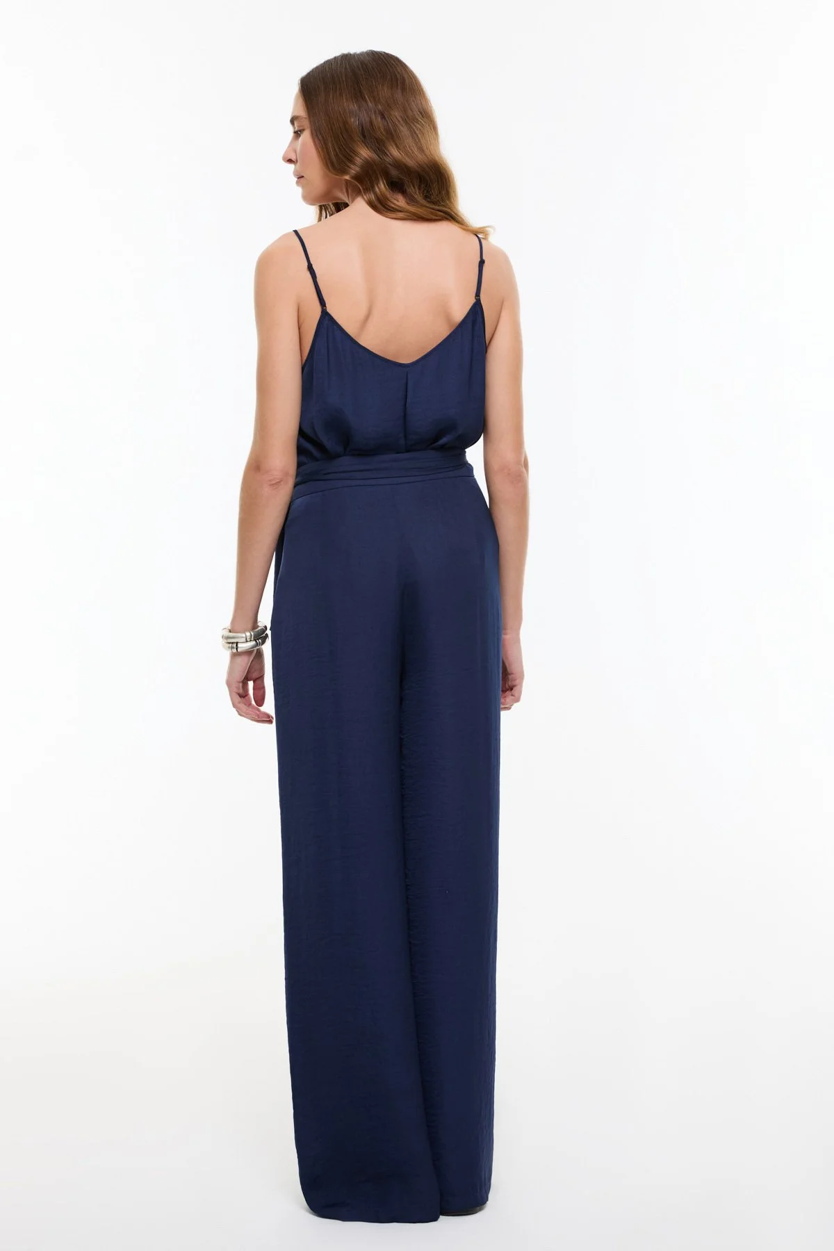 Kruvaze Görünümlü Bağlama Detaylı Geniş Paça Pantolon Lacivert - 2