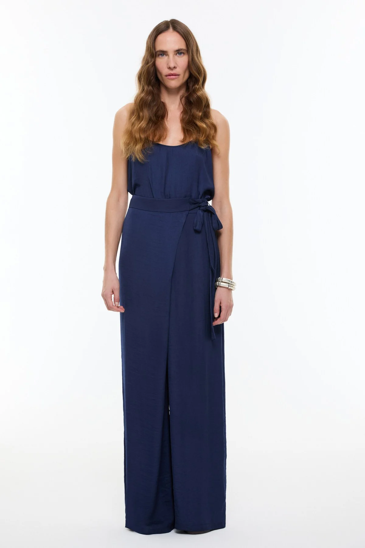 Kruvaze Görünümlü Bağlama Detaylı Geniş Paça Pantolon Lacivert - 1