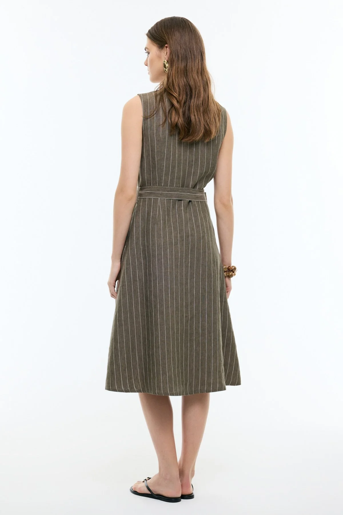 Kruvaze Görünümlü Beli Kemerli Midi Boy Keten Elbise Haki - 2