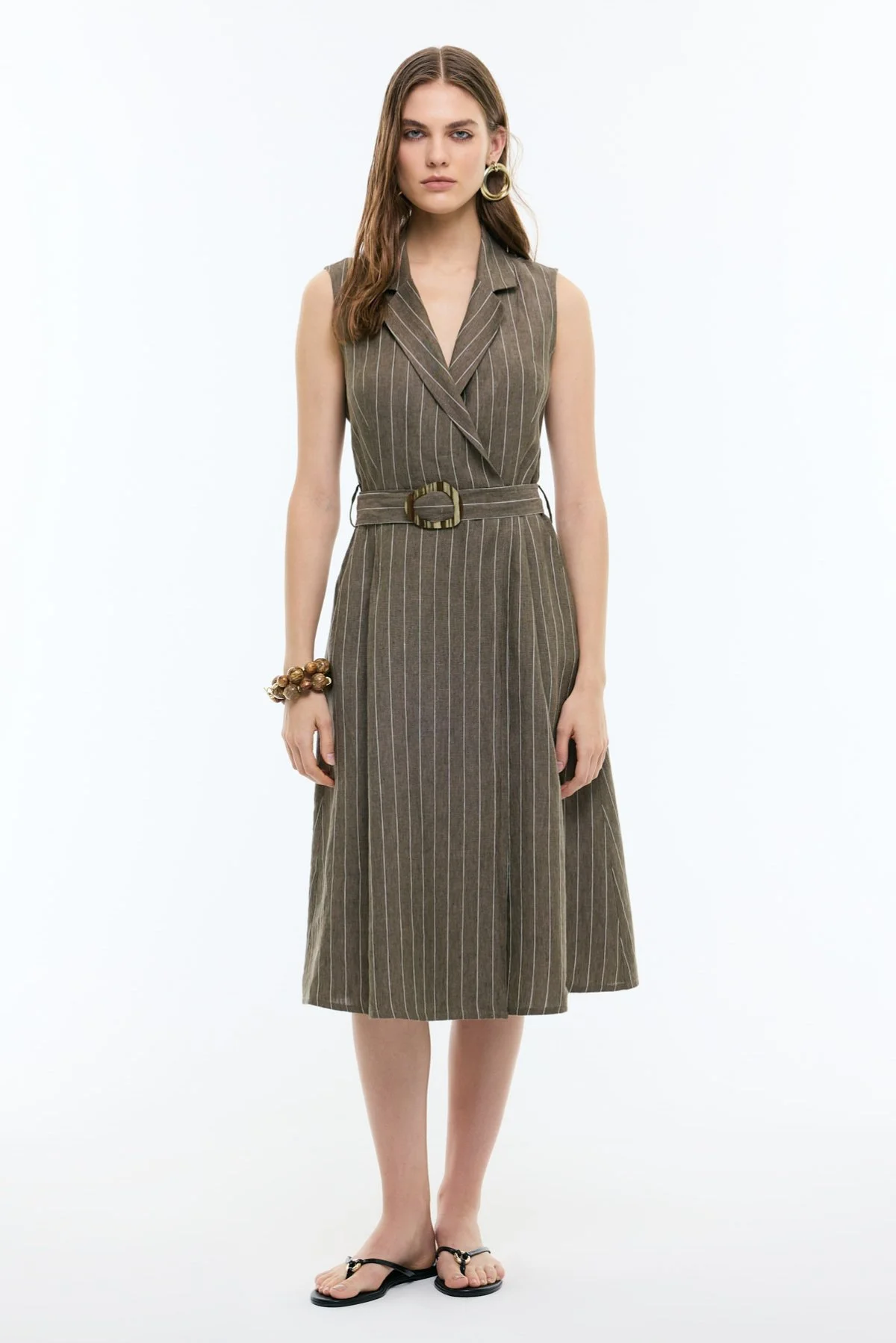 Kruvaze Görünümlü Beli Kemerli Midi Boy Keten Elbise Haki - 1