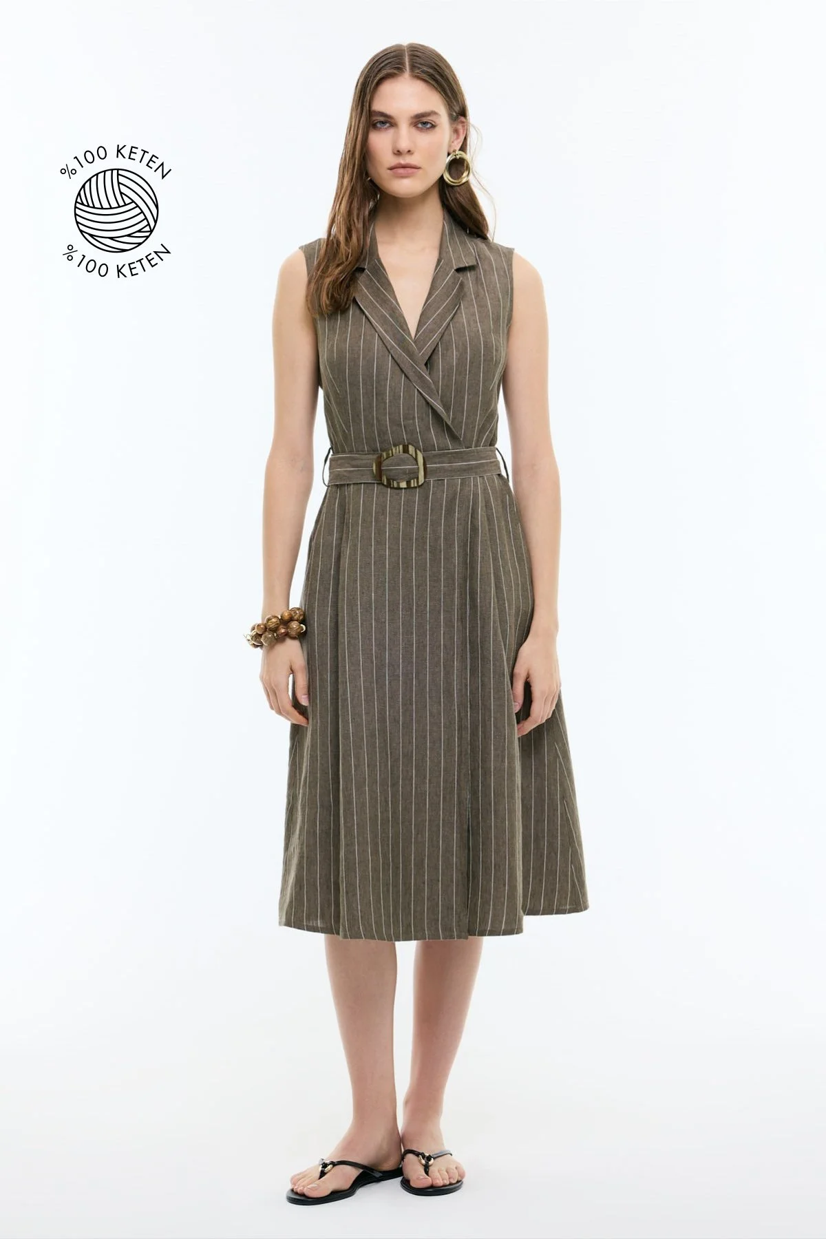 %100 Keten Kruvaze Görünümlü Beli Kemerli Midi Boy Elbise Haki - 1