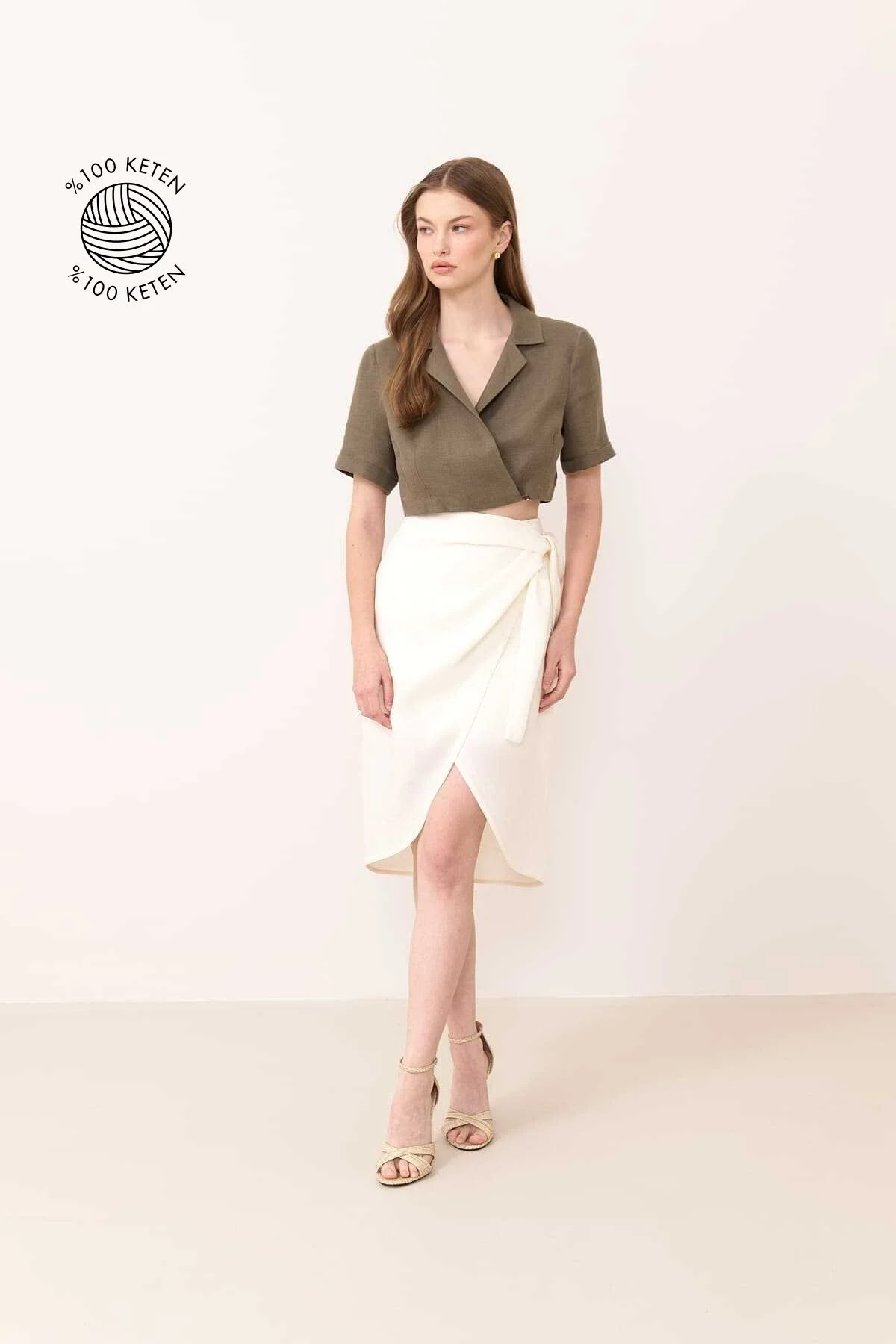 Kruvaze Görünümlü Keten Etek Bej - 1