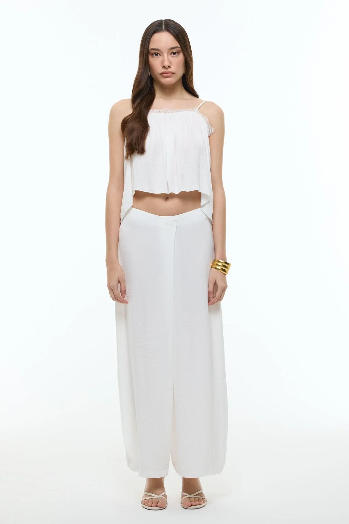 Kruvaze Görünümlü Saten Şalvar Pantolon Beyaz - 1