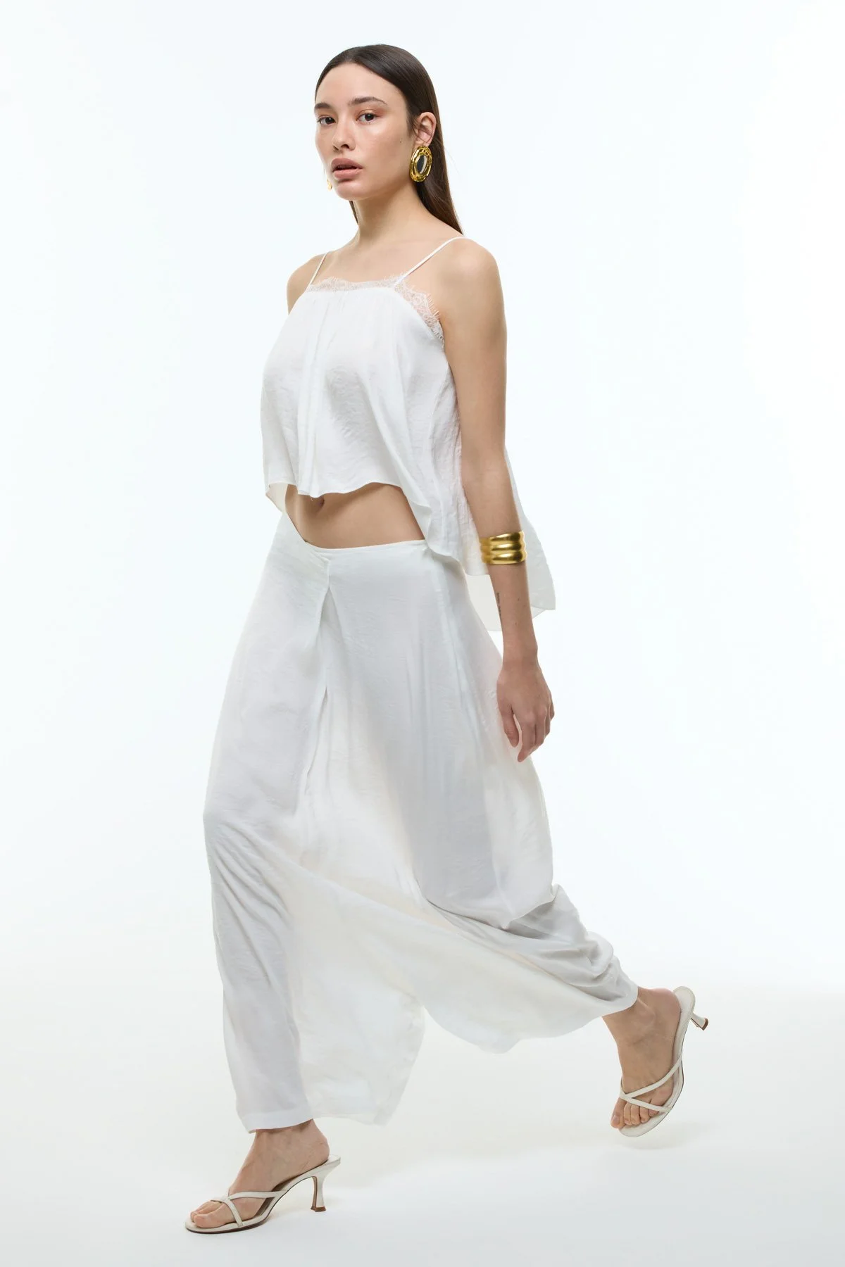 Kruvaze Görünümlü Saten Şalvar Pantolon Beyaz - 2