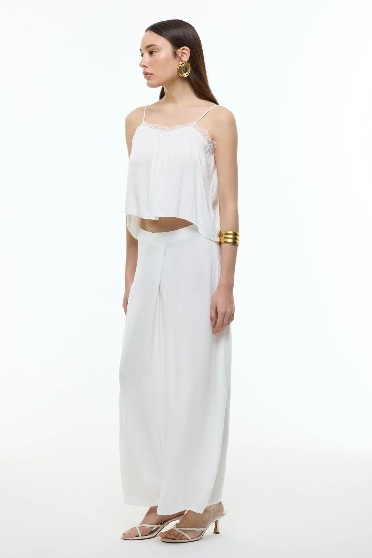 Kruvaze Görünümlü Saten Şalvar Pantolon Beyaz - 3