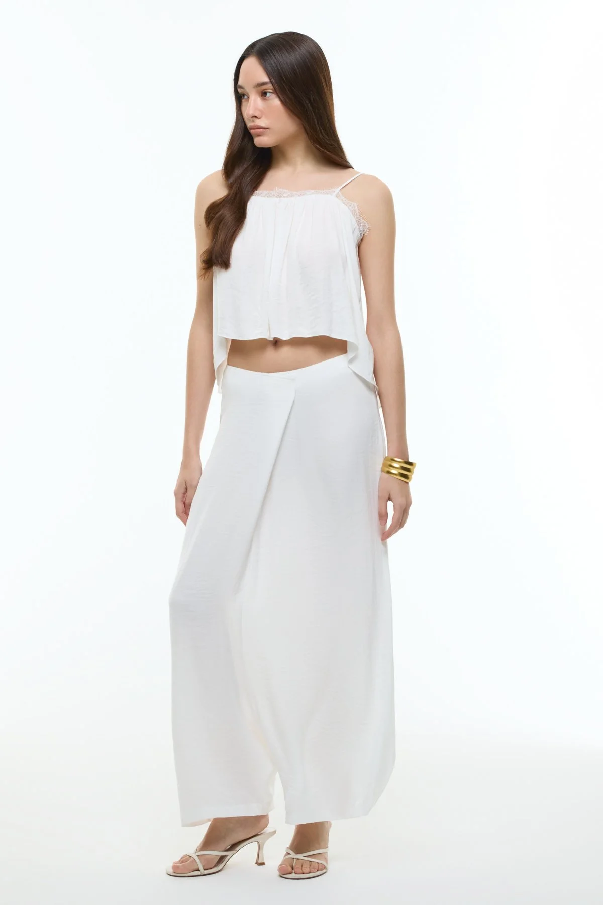 Kruvaze Görünümlü Saten Şalvar Pantolon Beyaz - 4