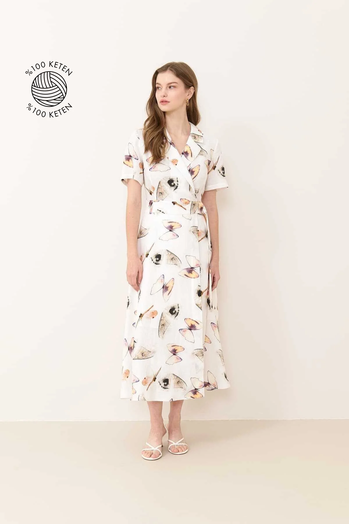 Kruvaze Midi Boy Keten Elbise Standart Renk - 1