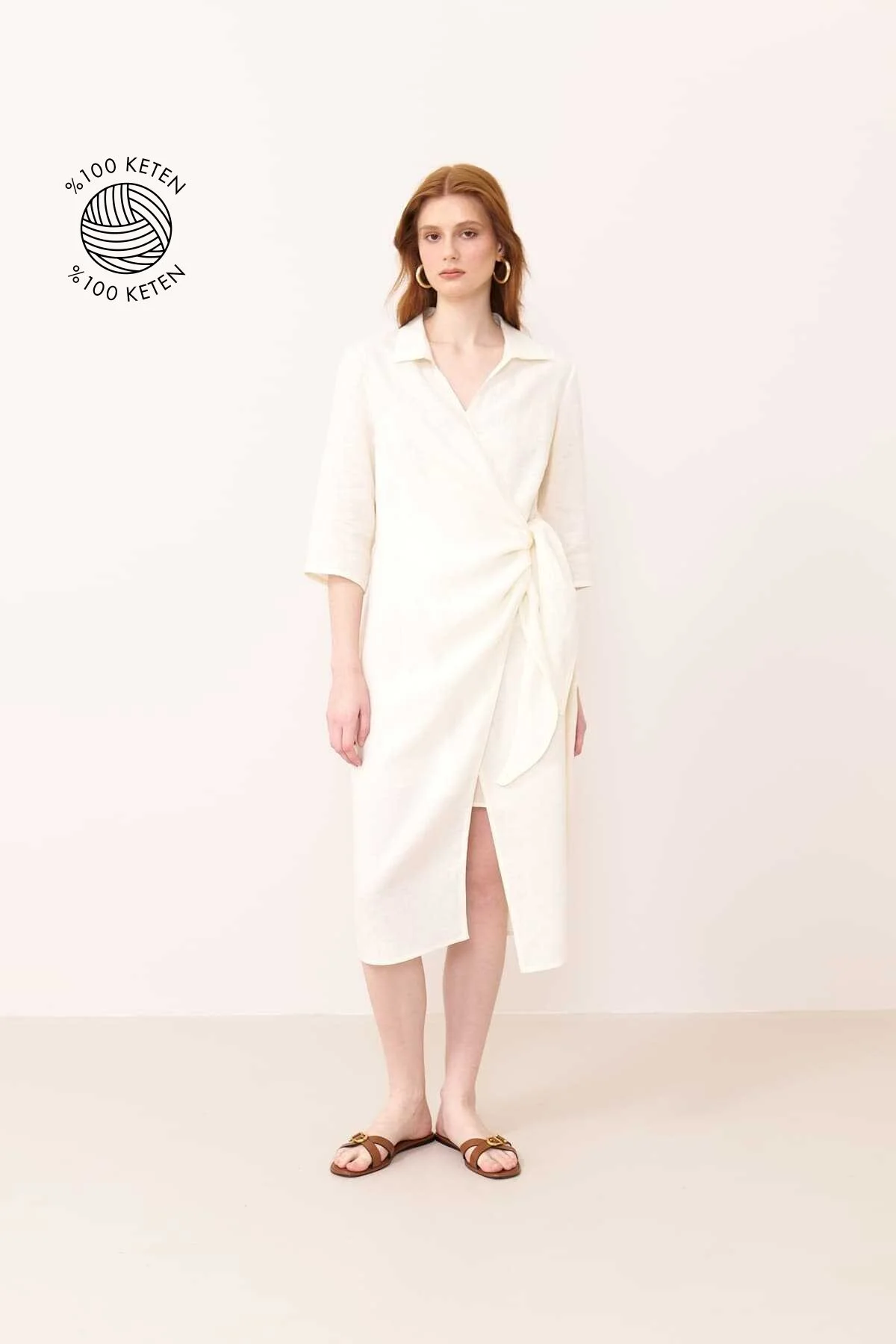 Kruvaze Midi Elbise Bej - 1