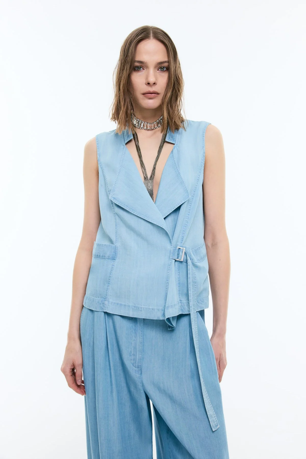 Kruvaze Yaka Denim Yelek Mavi - 1