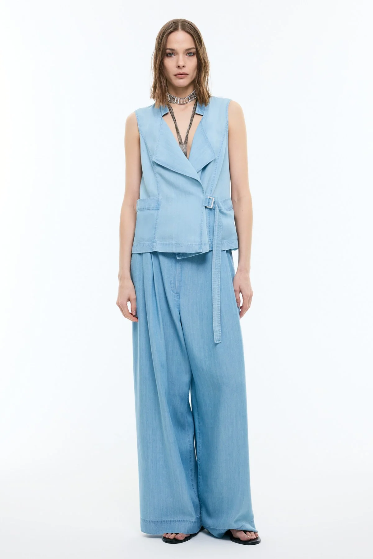 Kruvaze Yaka Denim Yelek Mavi - 4