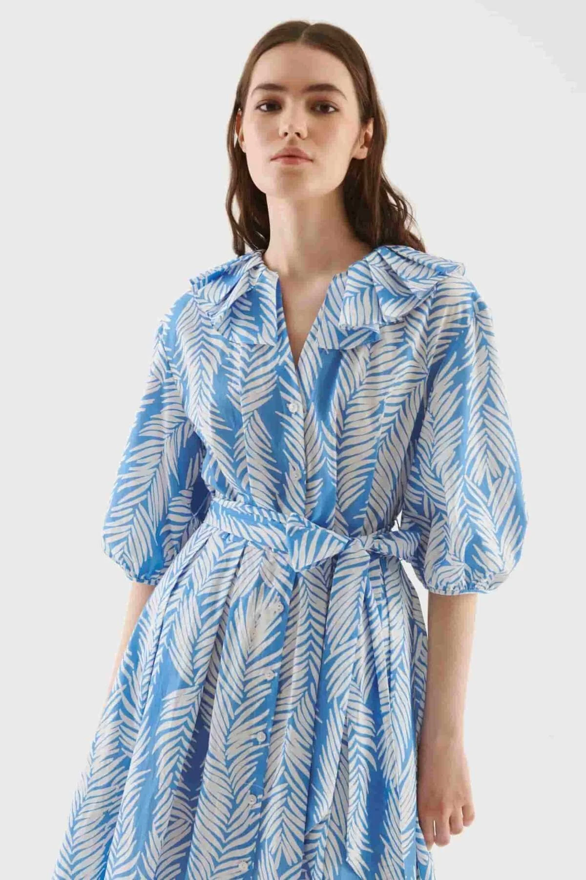 Kuşak Detaylı Desenli Midi Boy Elbise Standart Renk - 3