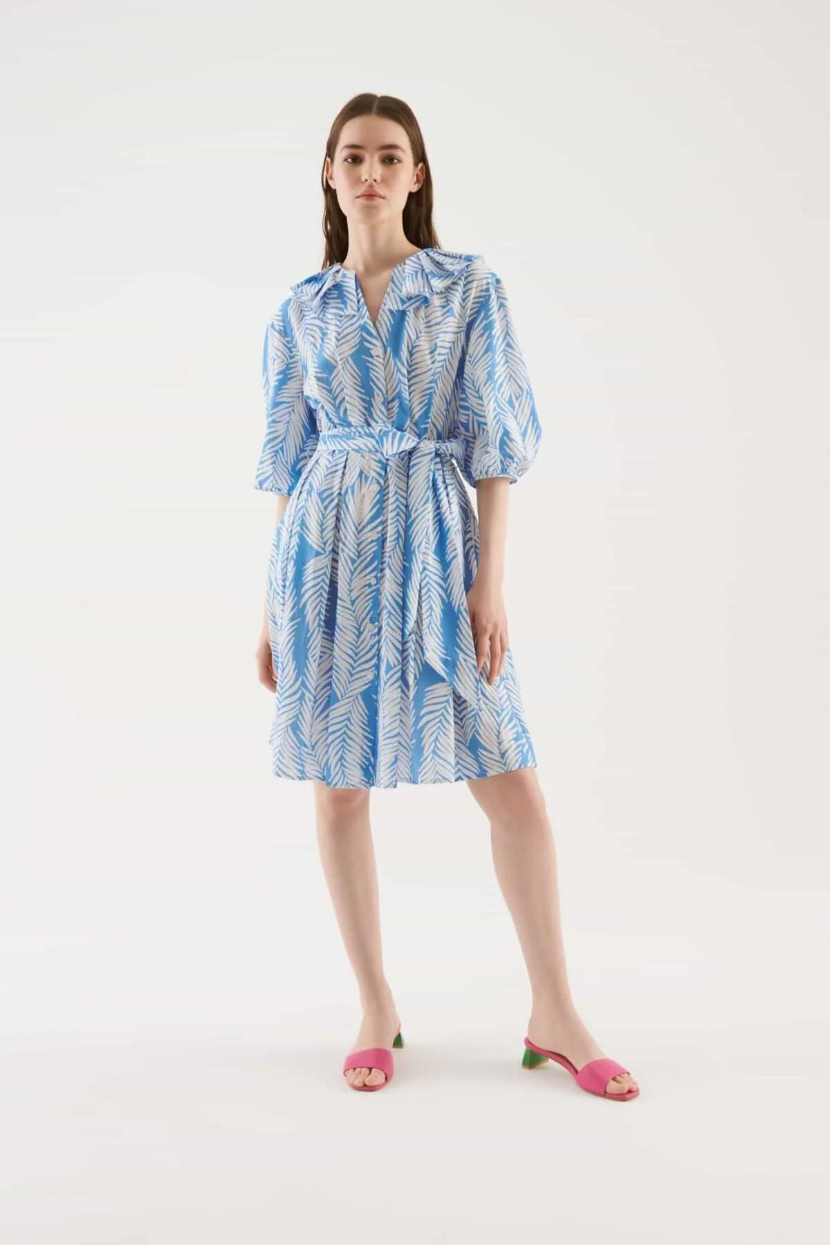 Kuşak Detaylı Desenli Midi Boy Elbise Standart Renk - 1