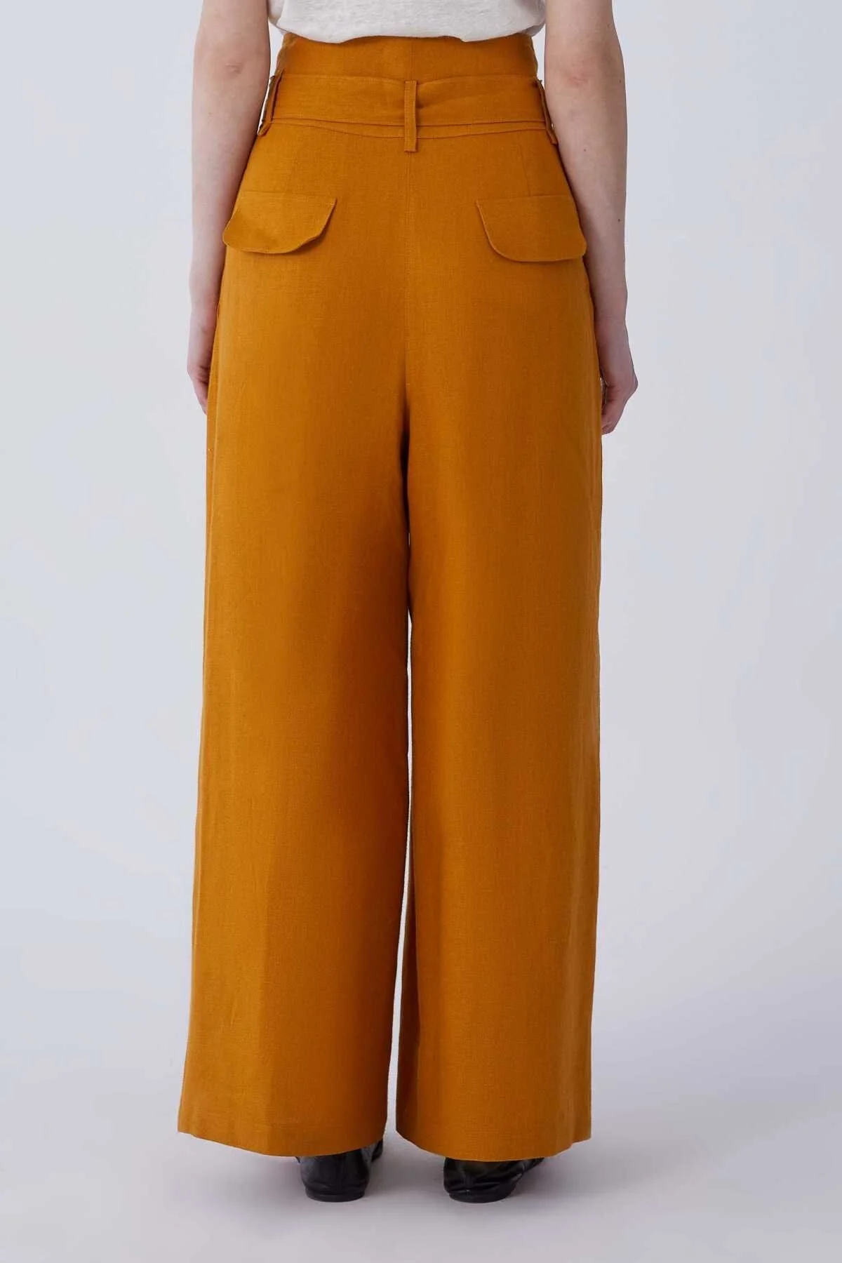 Kuşaklı Bol Paça Keten Kadın Pantolon Hardal - 2