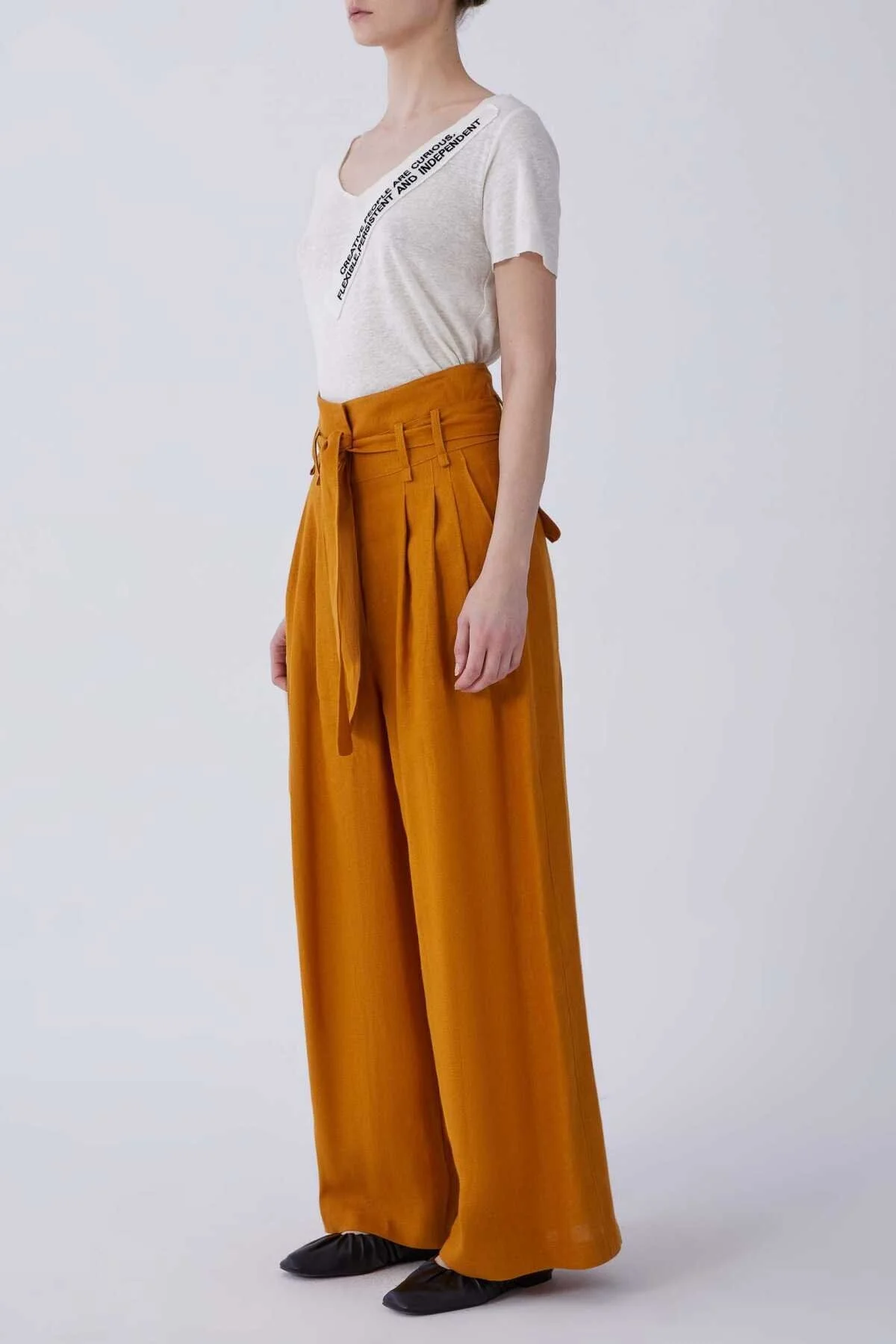 Kuşaklı Bol Paça Keten Kadın Pantolon Hardal - 3
