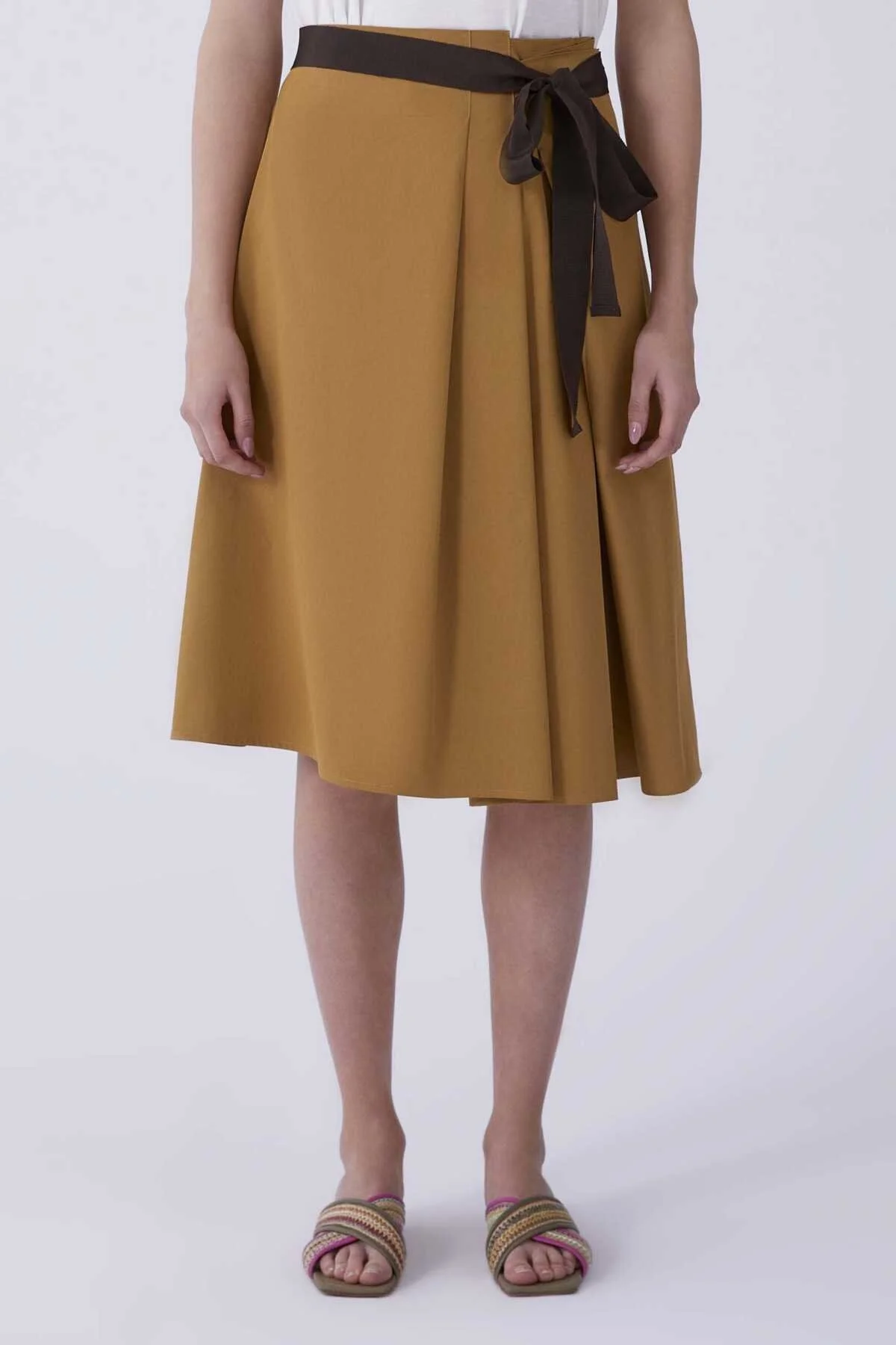 Kuşaklı Koyu Midi Etek Olive - 1