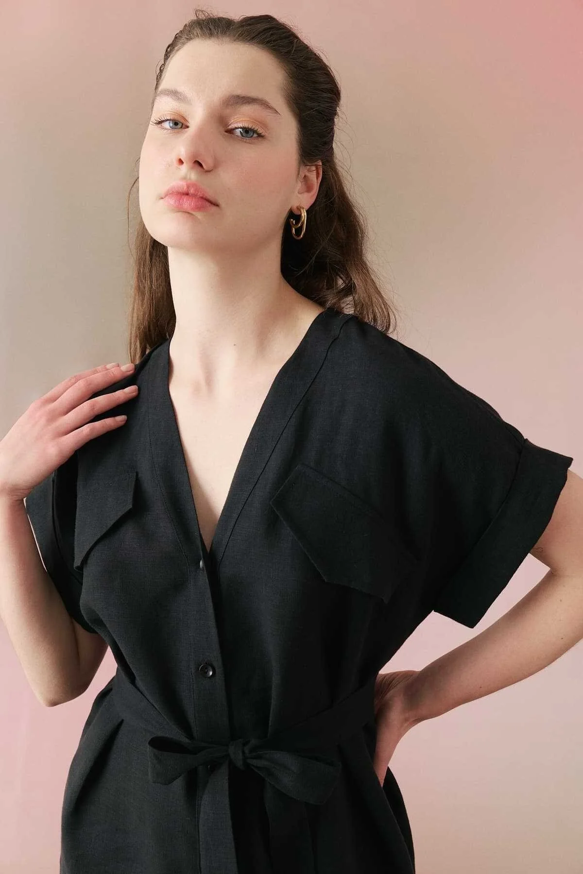 Kuşaklı V Yaka Keten Gömlek Elbise Siyah - 3