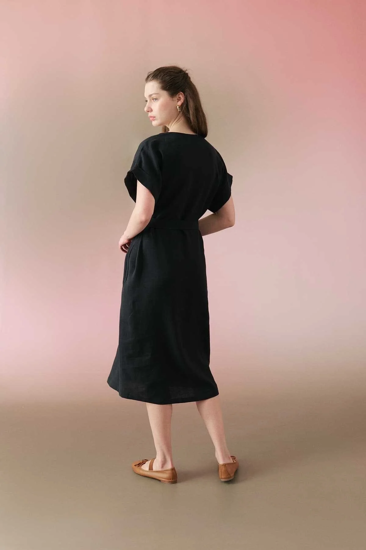 Kuşaklı V Yaka Keten Gömlek Elbise Siyah - 2