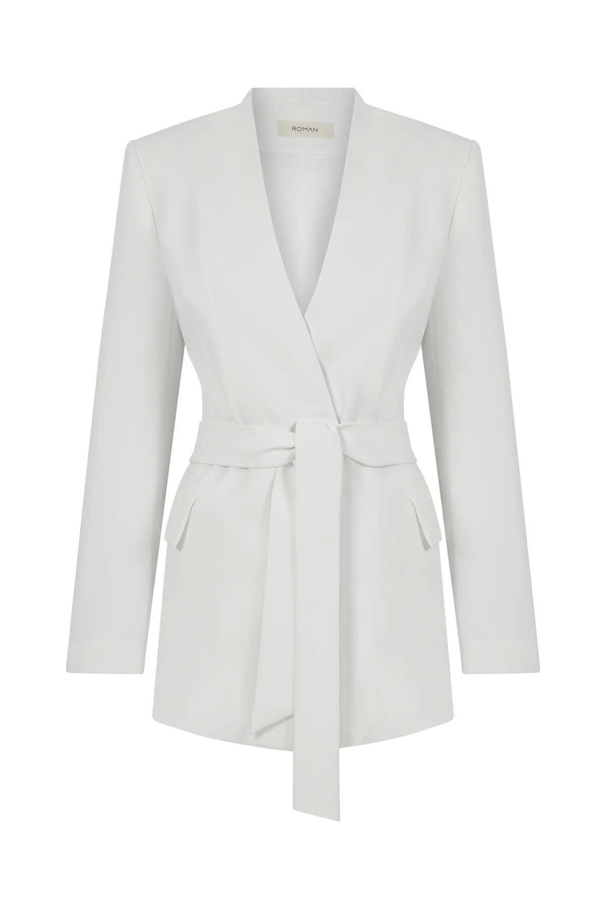 Kuşaklı Yakasız Kadın Ceket Beyaz - 4
