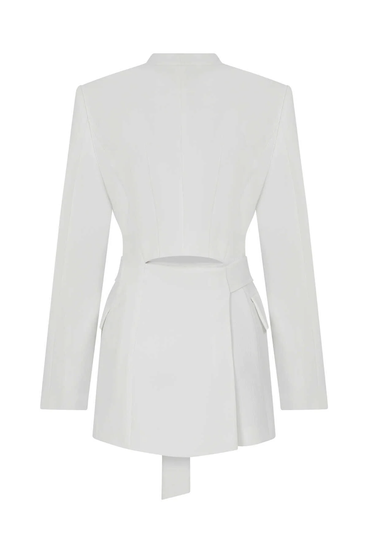 Kuşaklı Yakasız Kadın Ceket Beyaz - 5