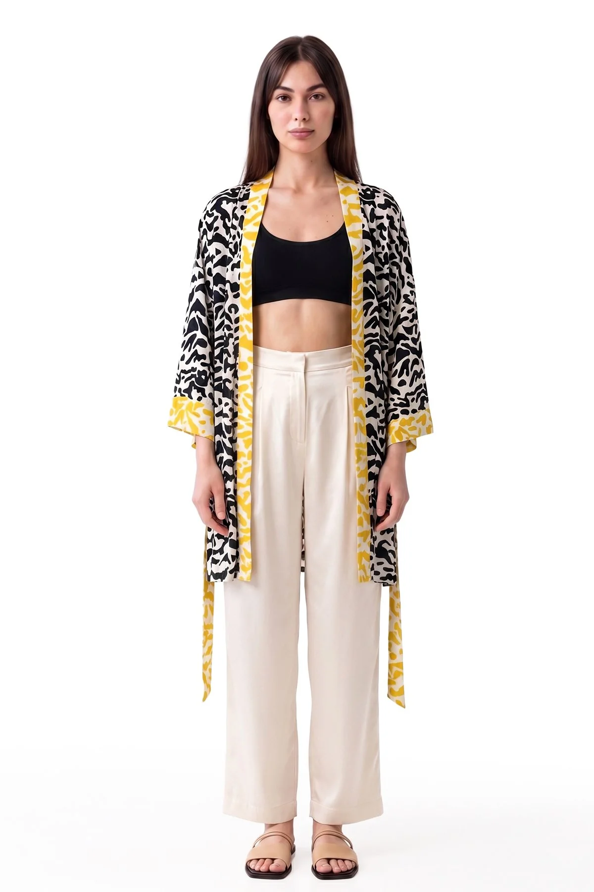 Kuşaklı Zebra Desenli Kimono Standart Renk - 1