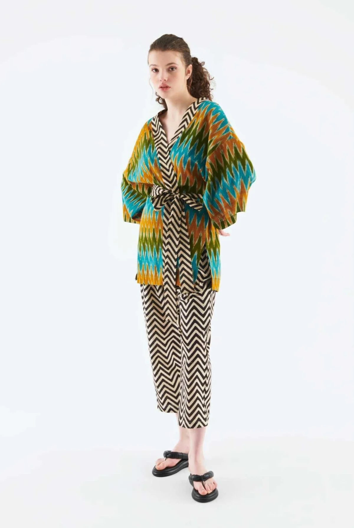 Kuşaklı Zigzag Desenli Kimono Standart Renk - 3