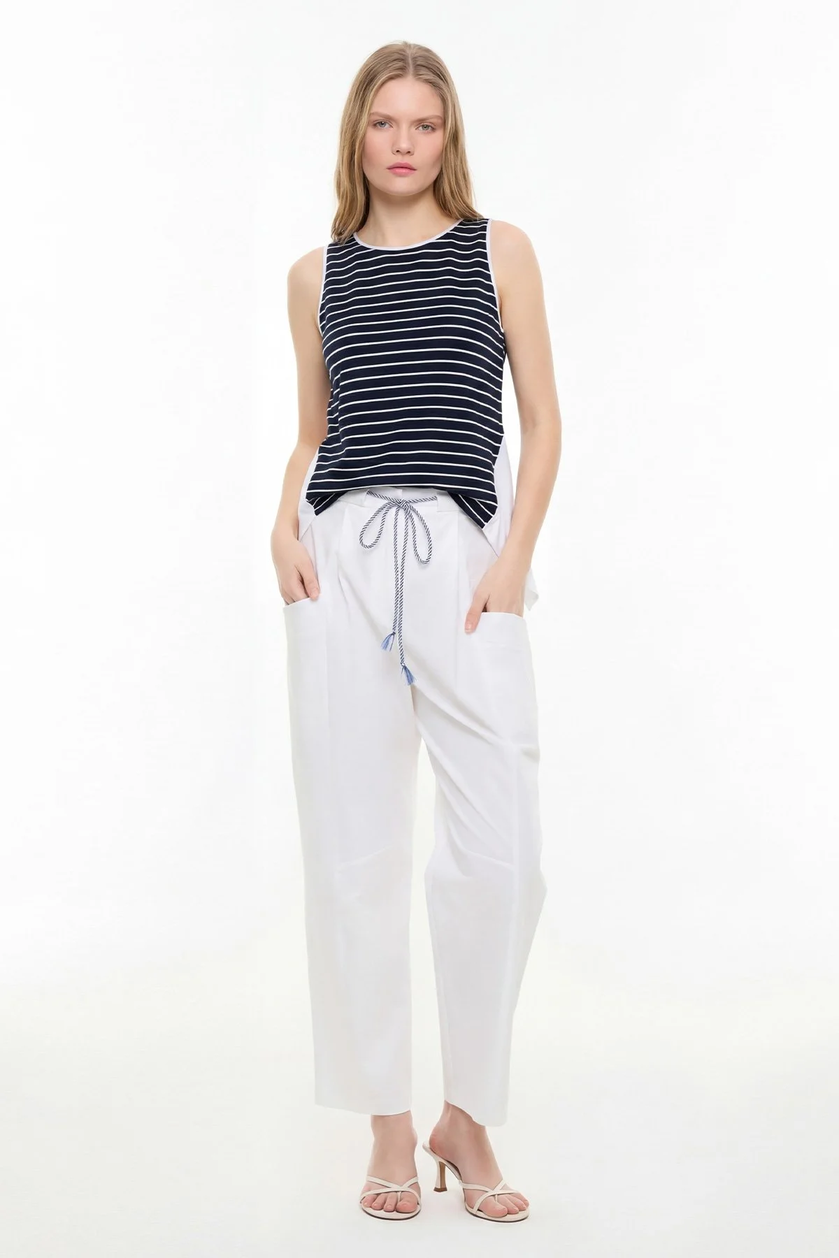 Plise Detaylı Bluz Lacivert - Beyaz - 1