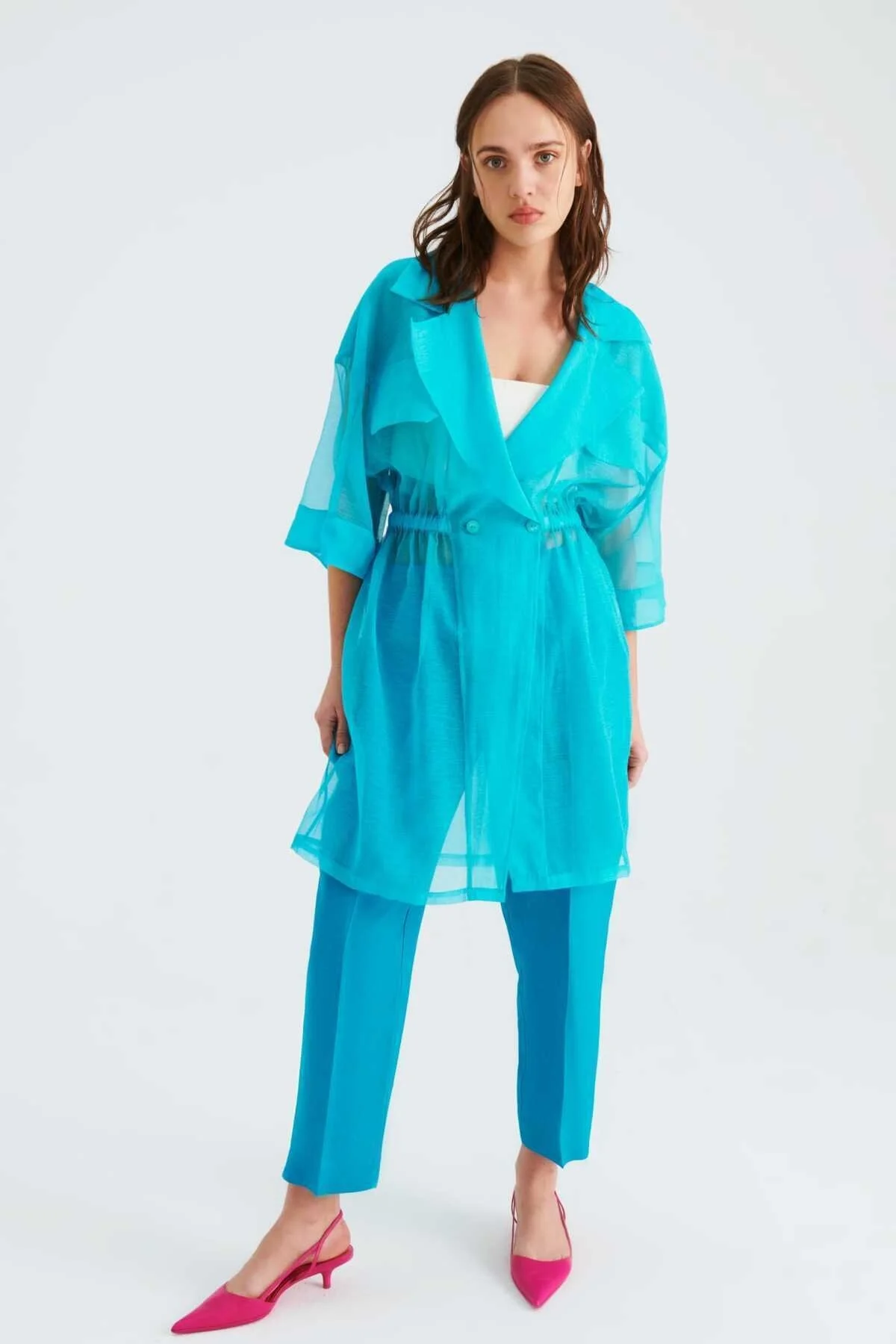 Lastikli Transparan Kadın Pardesü Turkuaz - 1