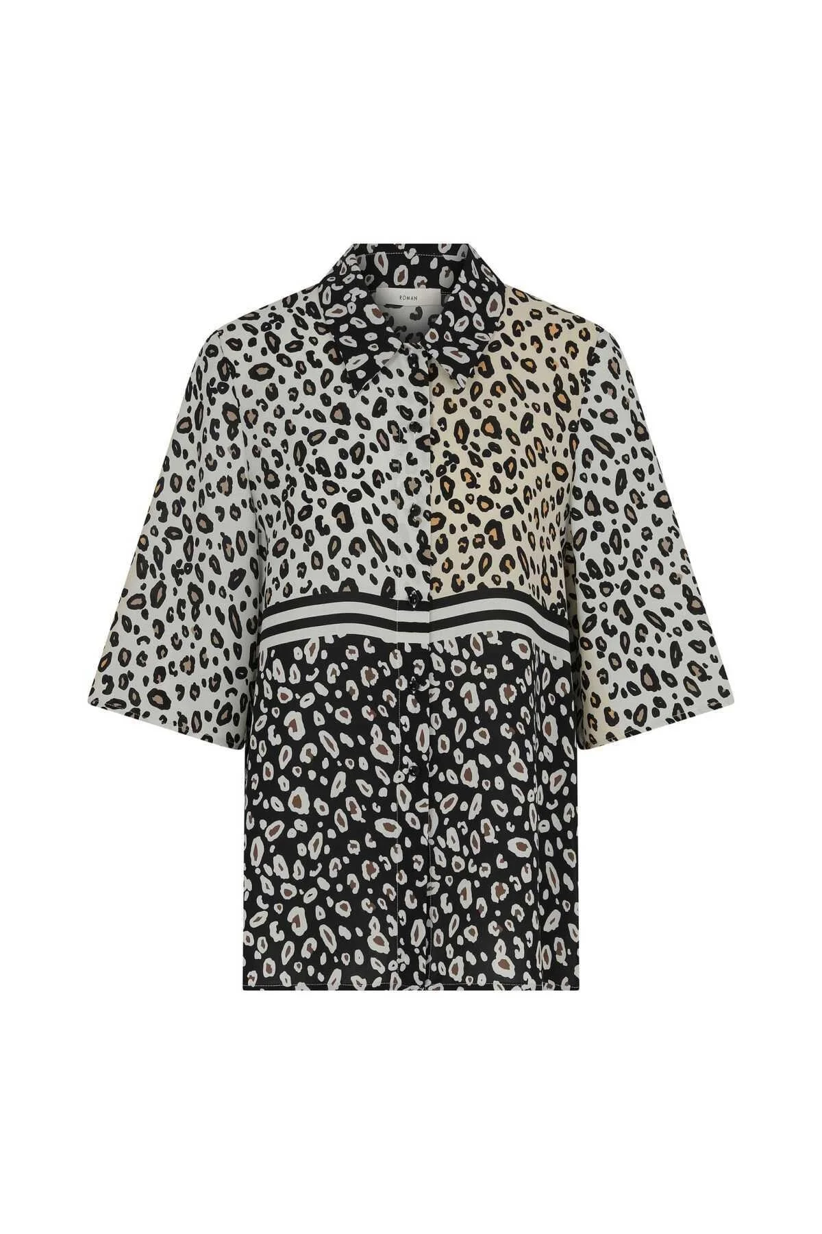 Leopar Desenli Düğmeli Kadın Gömlek Standart Renk - 4