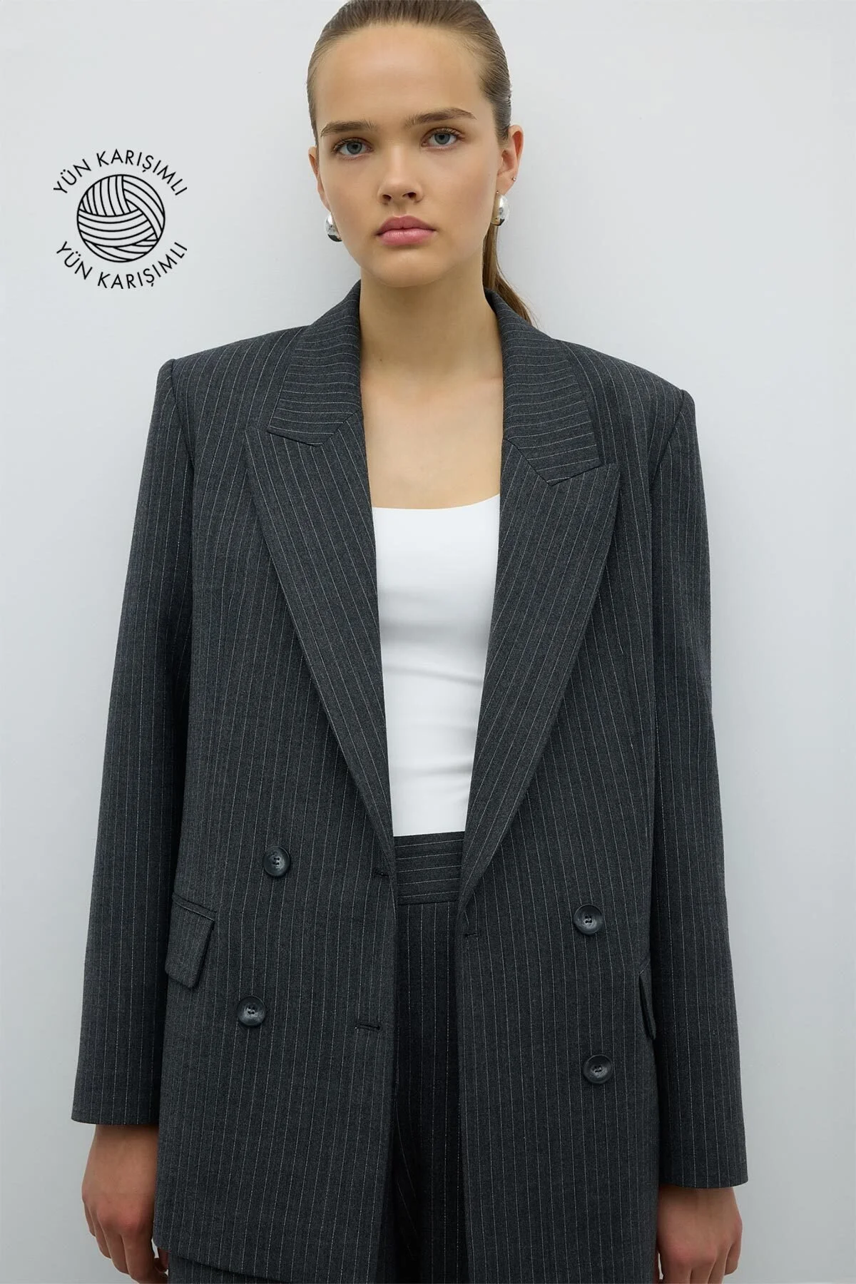 Lurex Çizgili Yün Karışımlı Kruvaze Ceket Gri - 1