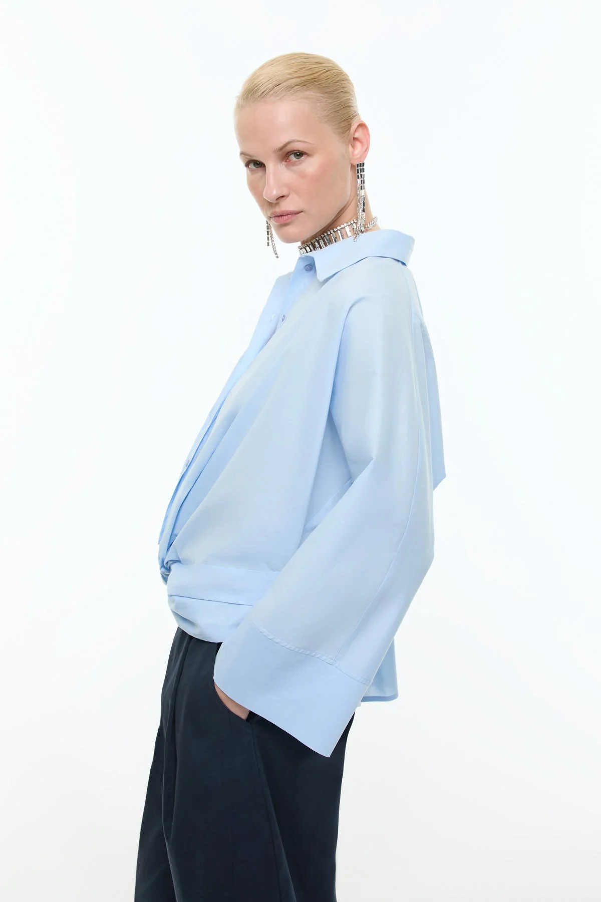 Düğüm Görünümlü Manşet Detaylı Gömlek Mavi - 4