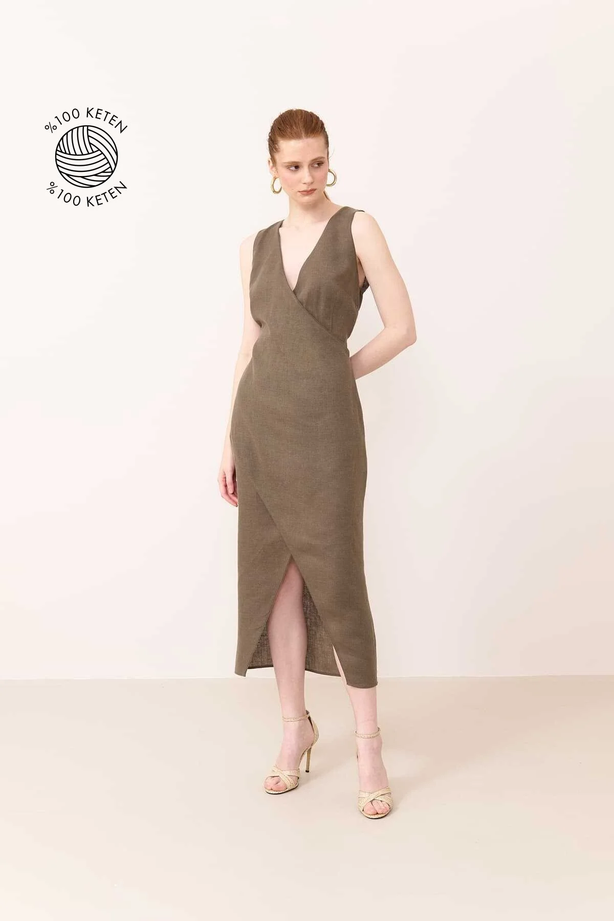 Midi Keten Elbise Haki - 1