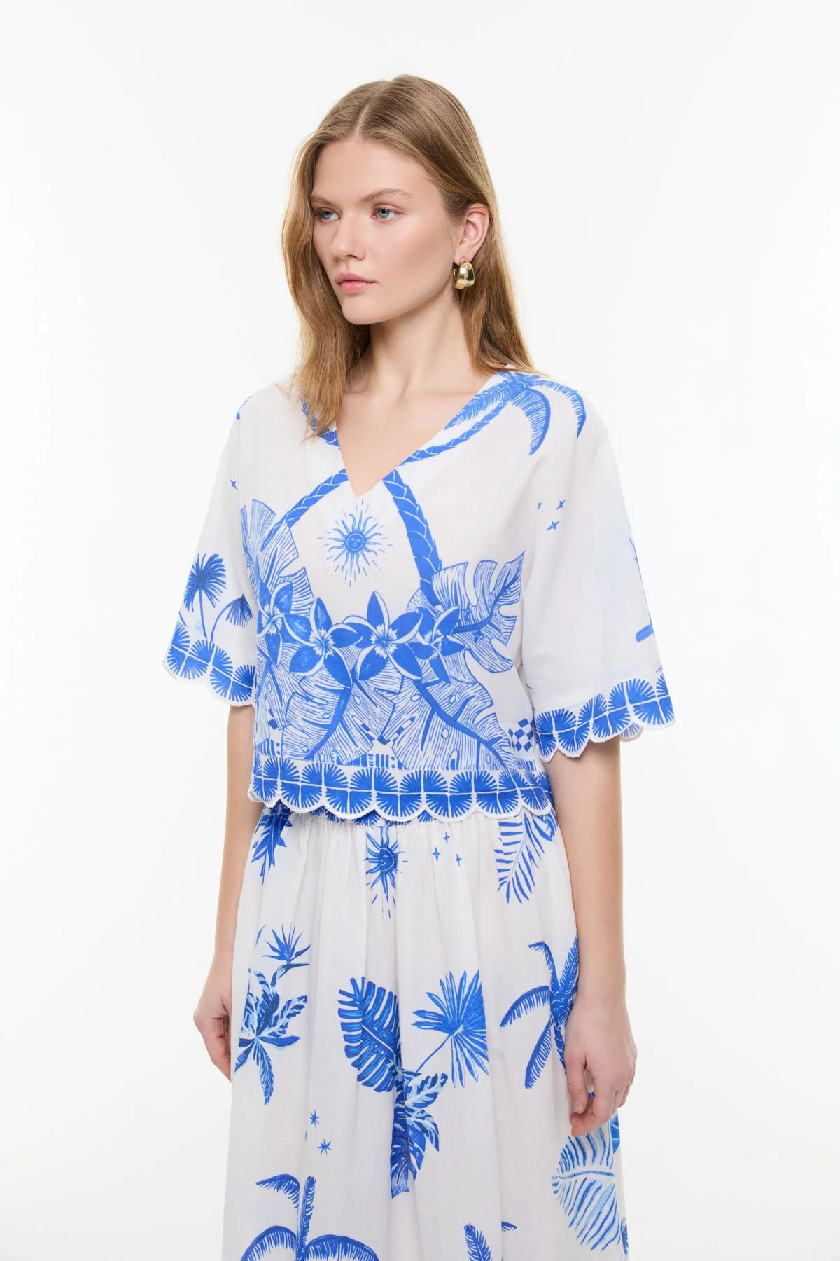Nakış Detaylı Crop Bluz Mavi - Beyaz - 5