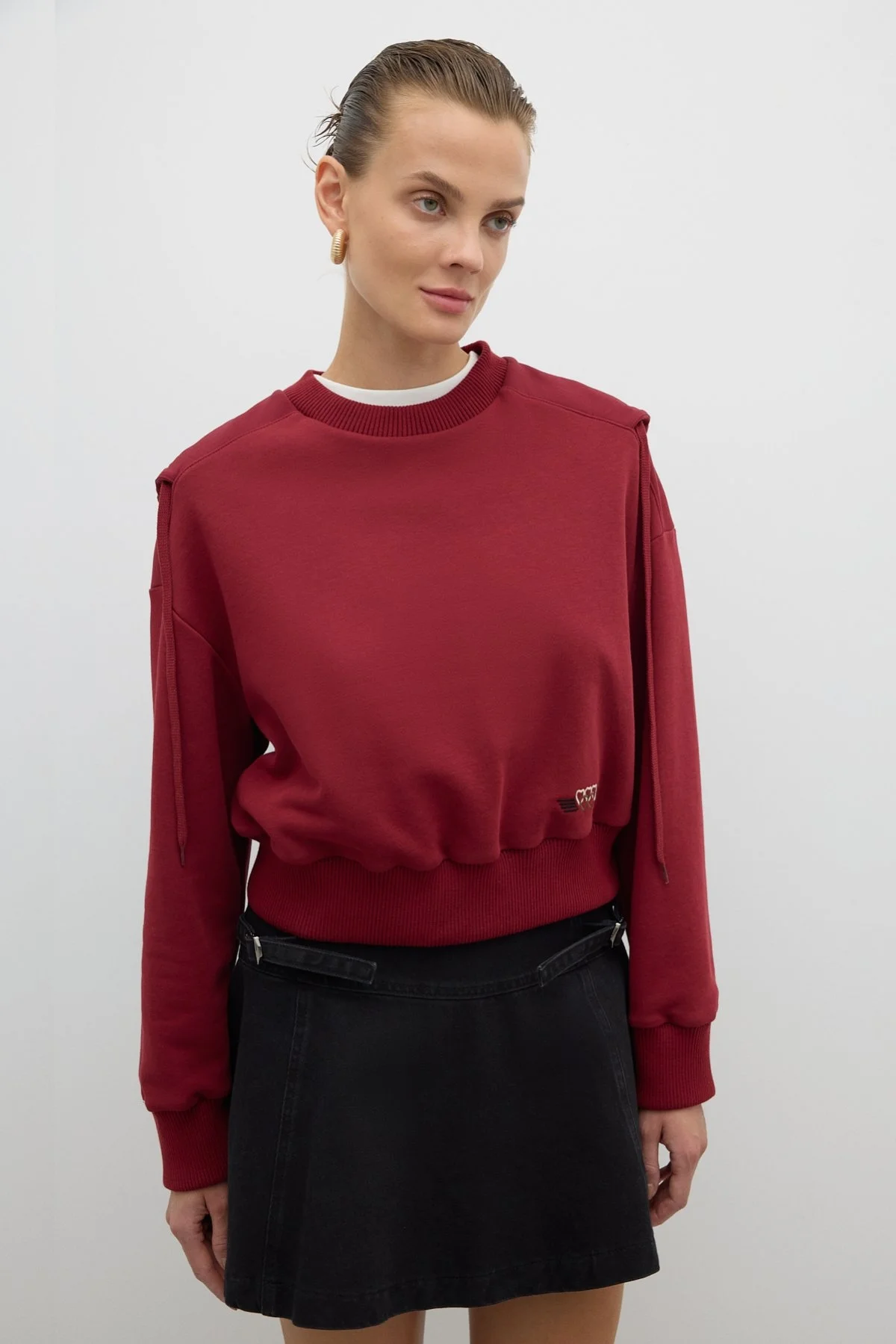 Nakış Detaylı Kapüşonlu Sweatshirt Bordo - 1
