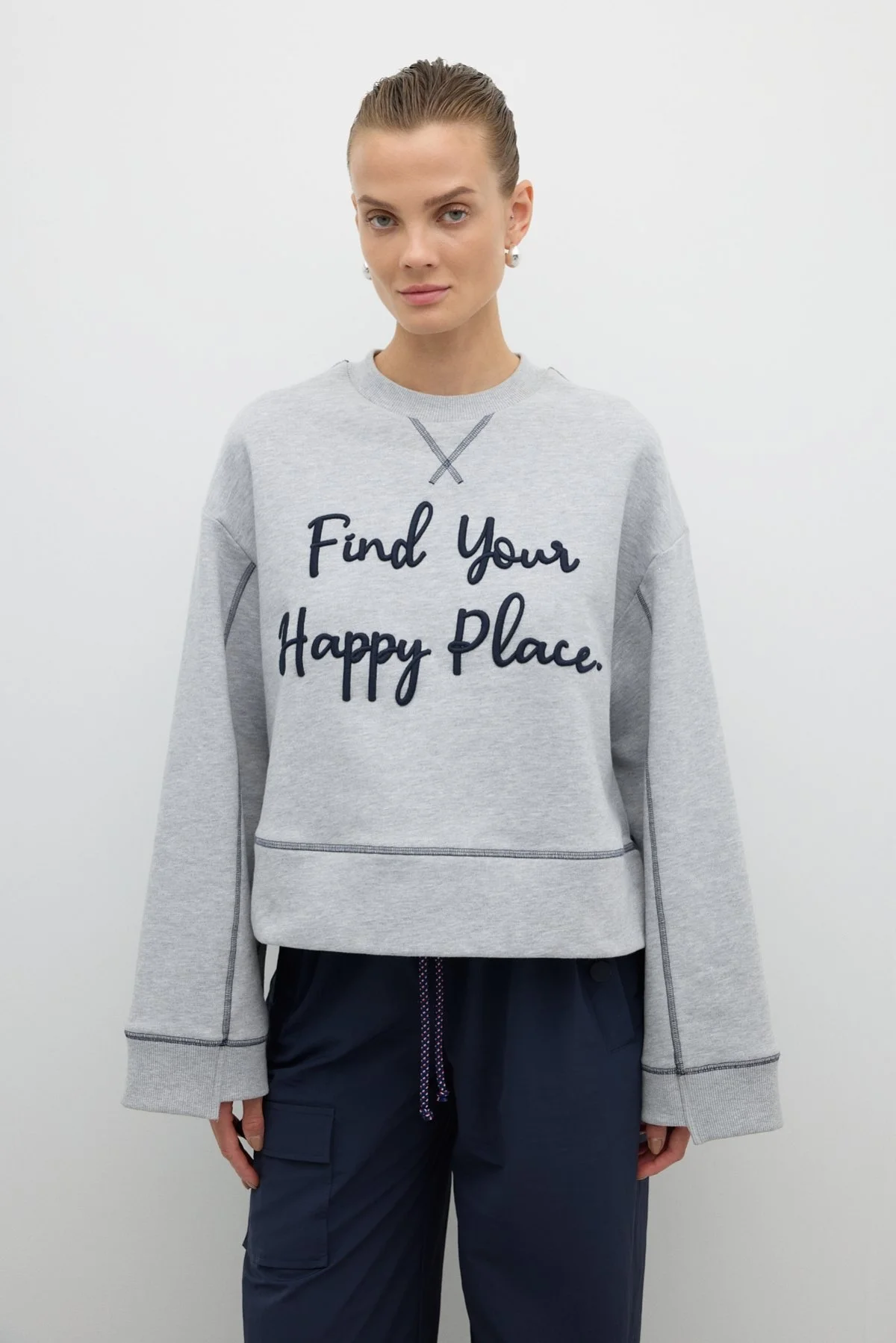 Nakışlı Sweatshirt Gri - 1