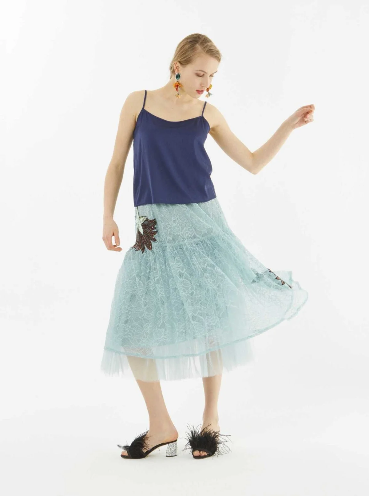 Nakışlı Tül Detaylı Etek Açık Mavi - 2