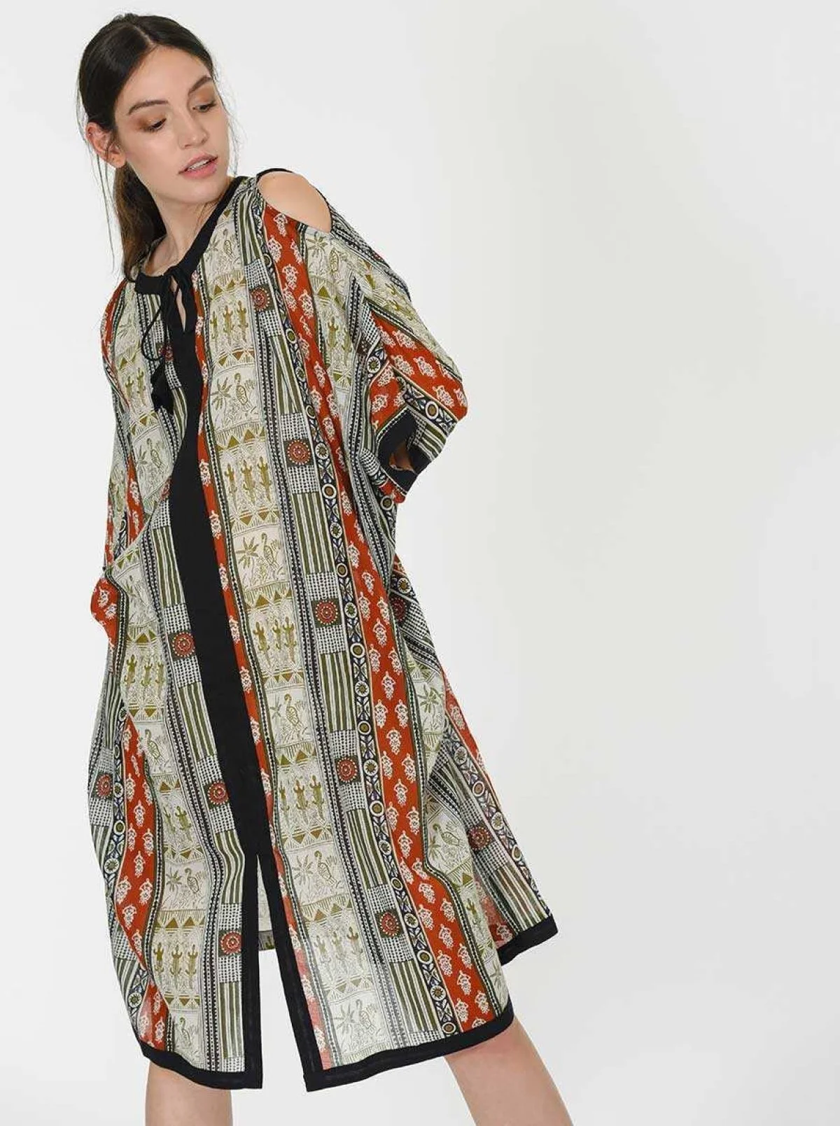 Omuz Detaylı Etnik Desen Uzun Elbise Standart Renk - 3