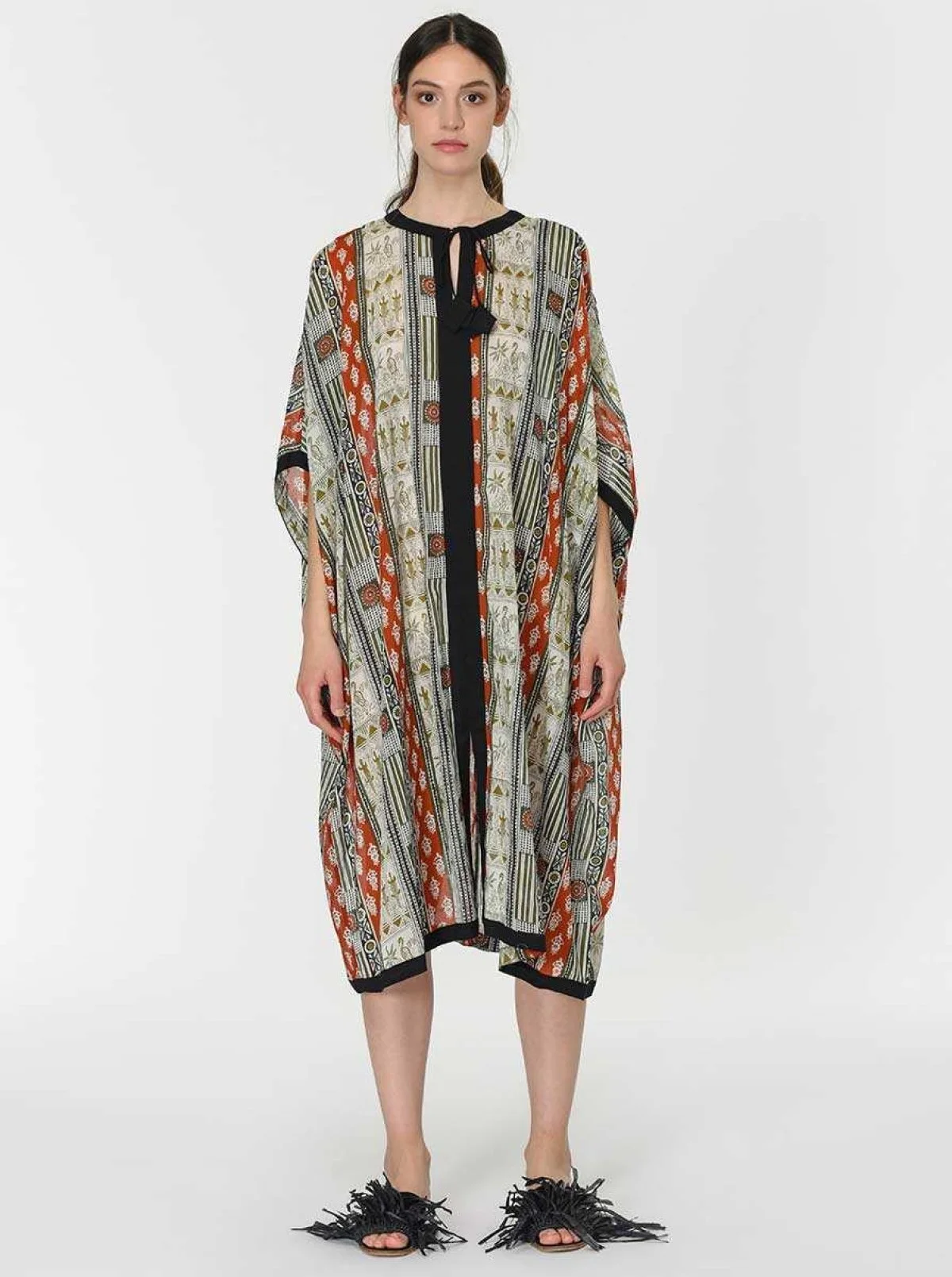 Omuz Detaylı Etnik Desen Uzun Elbise Standart Renk - 1