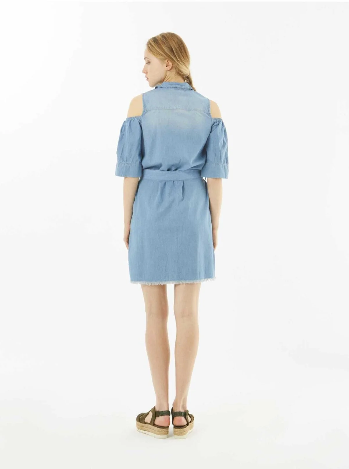 Omuzu Açık İşlemeli Kot Mini Elbise Standart Renk - 2