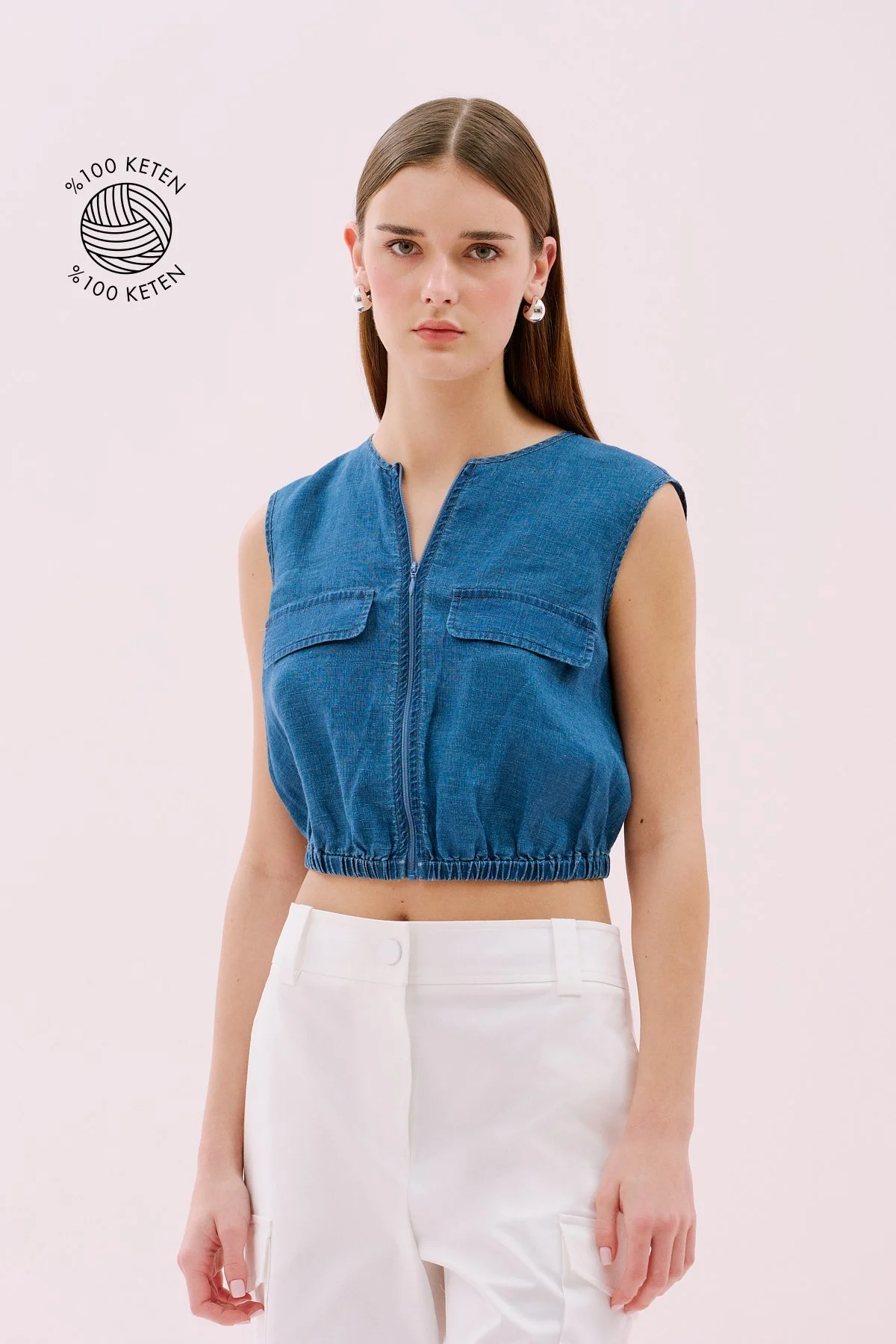 Önden Fermuarlı Beli Lastikli Keten Yelek İndigo - 1