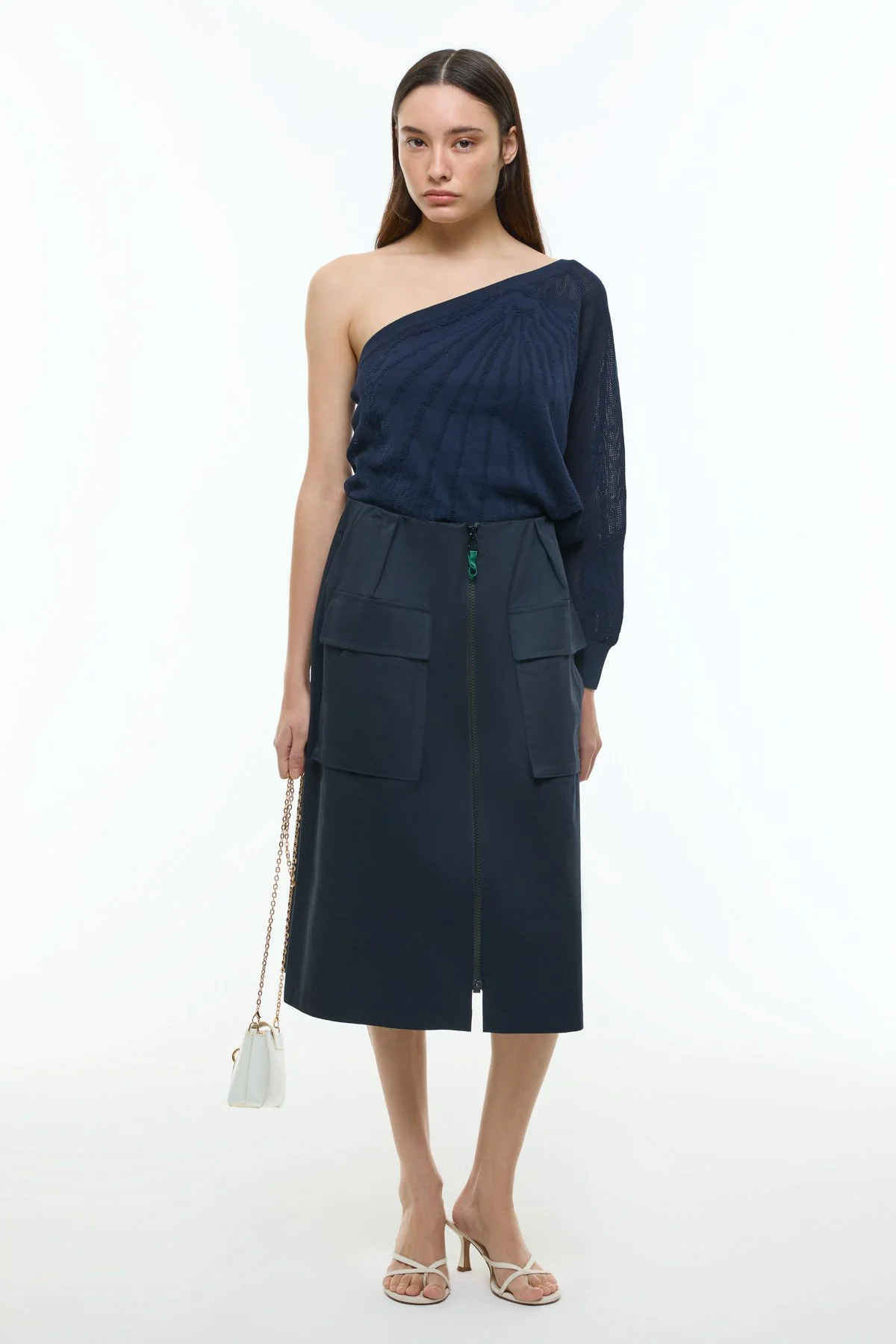 Önden Fermuarlı Çift Cepli Beli Lastikli Midi Etek Lacivert - 1