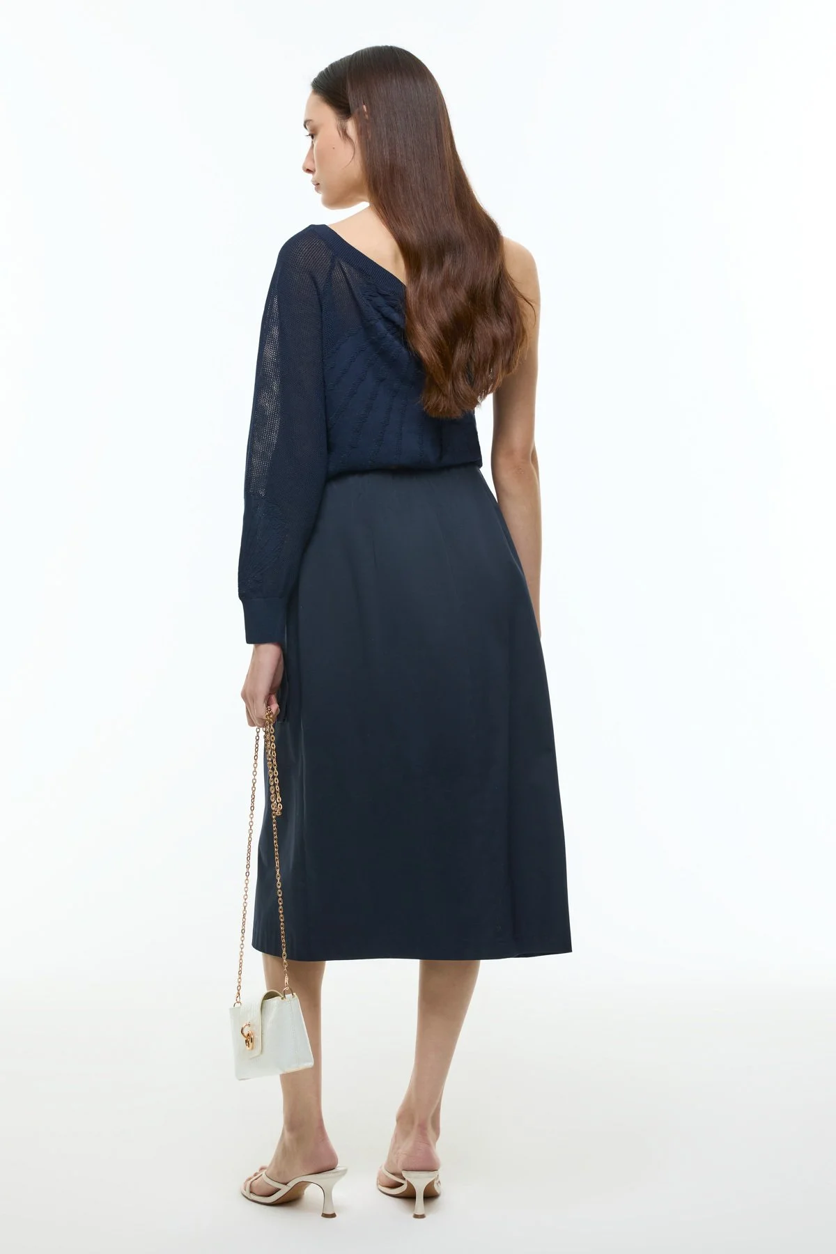 Önden Fermuarlı Çift Cepli Beli Lastikli Midi Etek Lacivert - 2