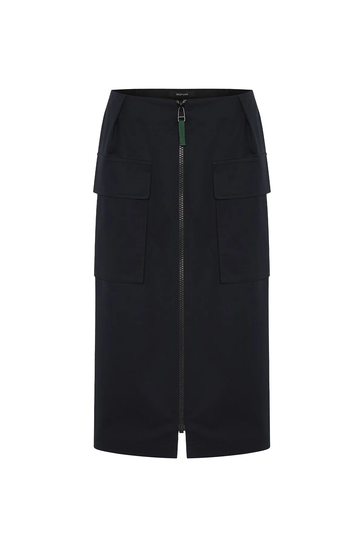 Önden Fermuarlı Çift Cepli Beli Lastikli Midi Etek Lacivert - 4