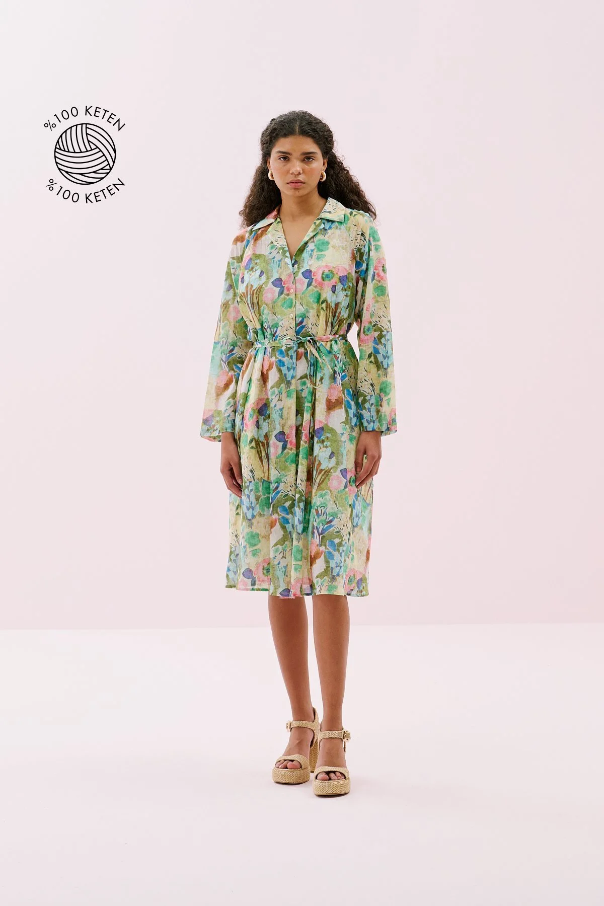 Önü Düğmeli Pilili Midi Boy Keten Elbise Standart Renk - 1